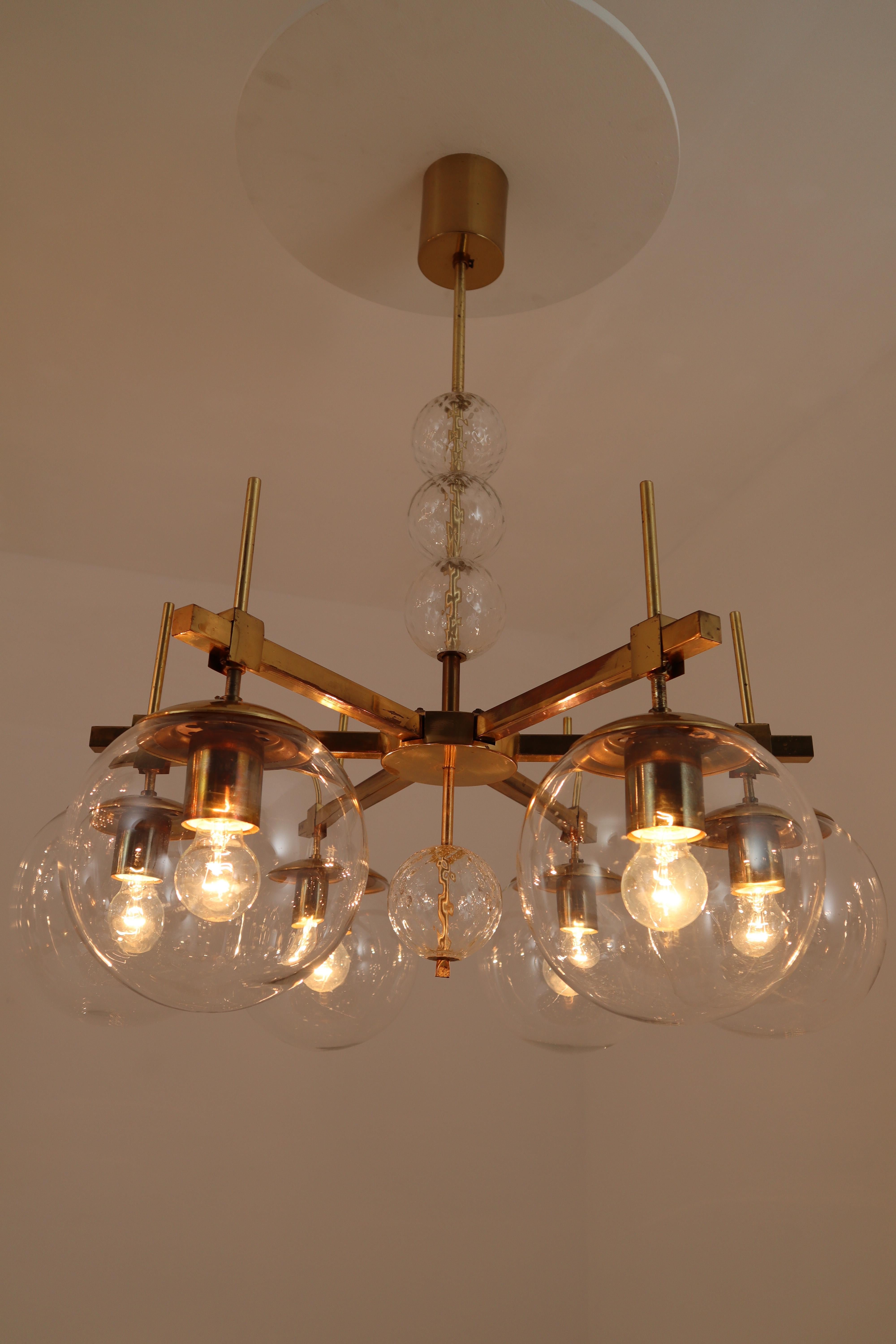 Midcentury Chandelier with Brass Fixture and Hand Blown Glass, Europe 5