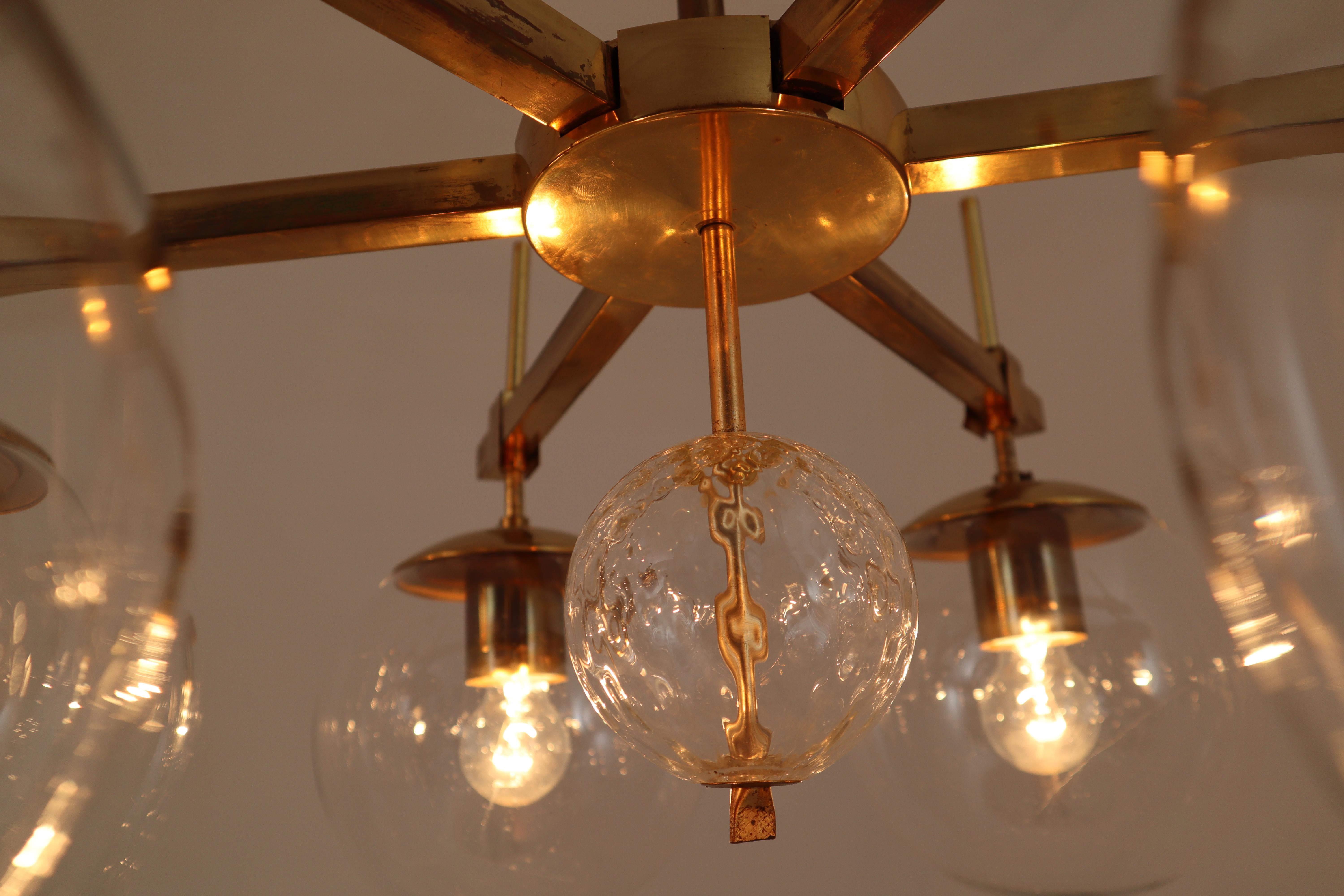 Midcentury Chandelier with Brass Fixture and Hand Blown Glass, Europe 6