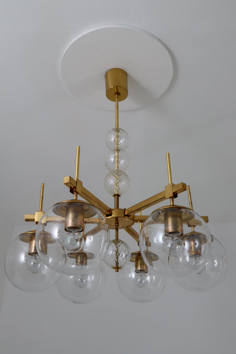Midcentury Chandelier with Brass Fixture and Hand Blown Glass, Europe