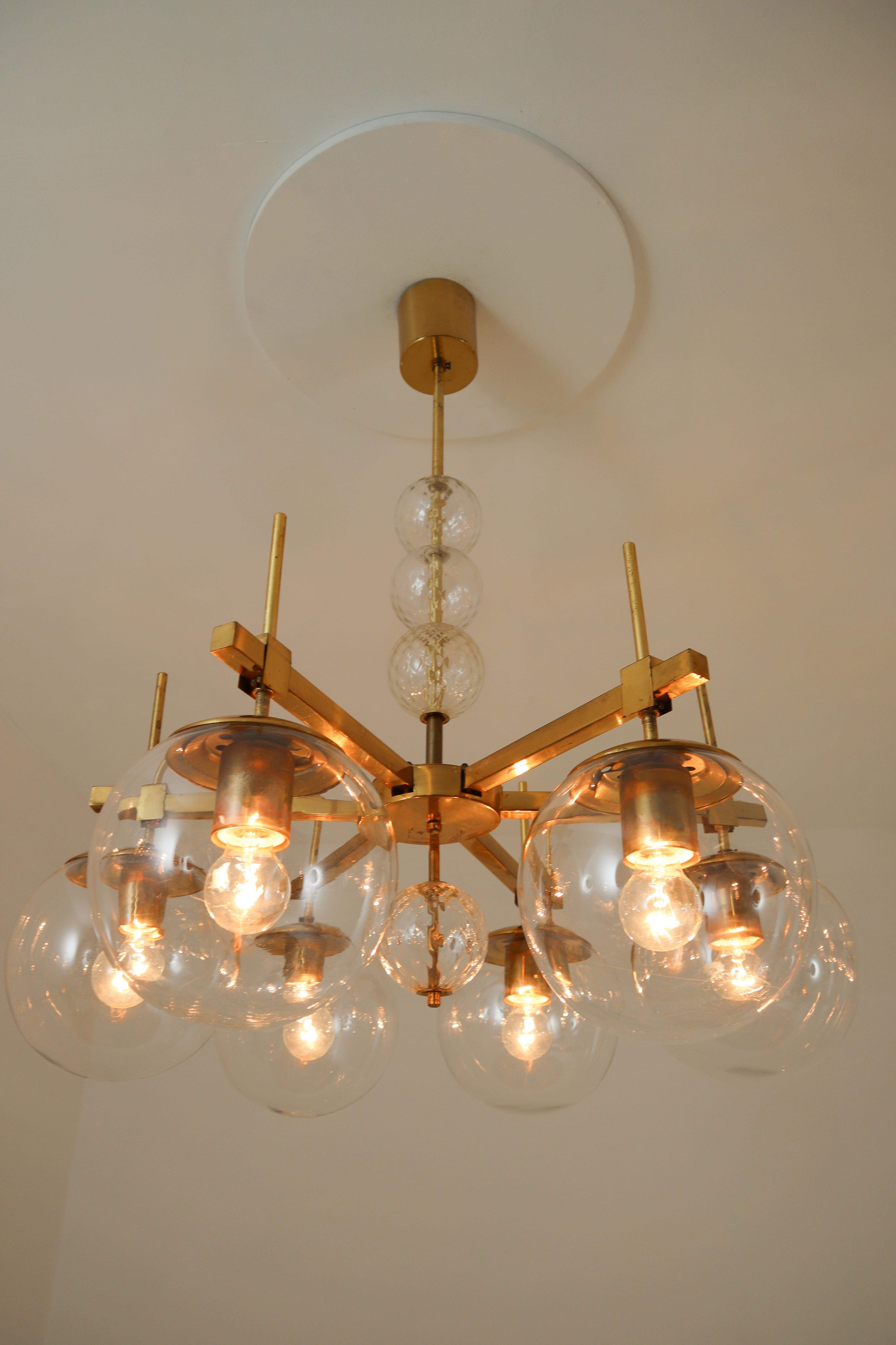 Hollywood Regency Midcentury Chandelier with Brass Fixture and Hand Blown Glass, Europe