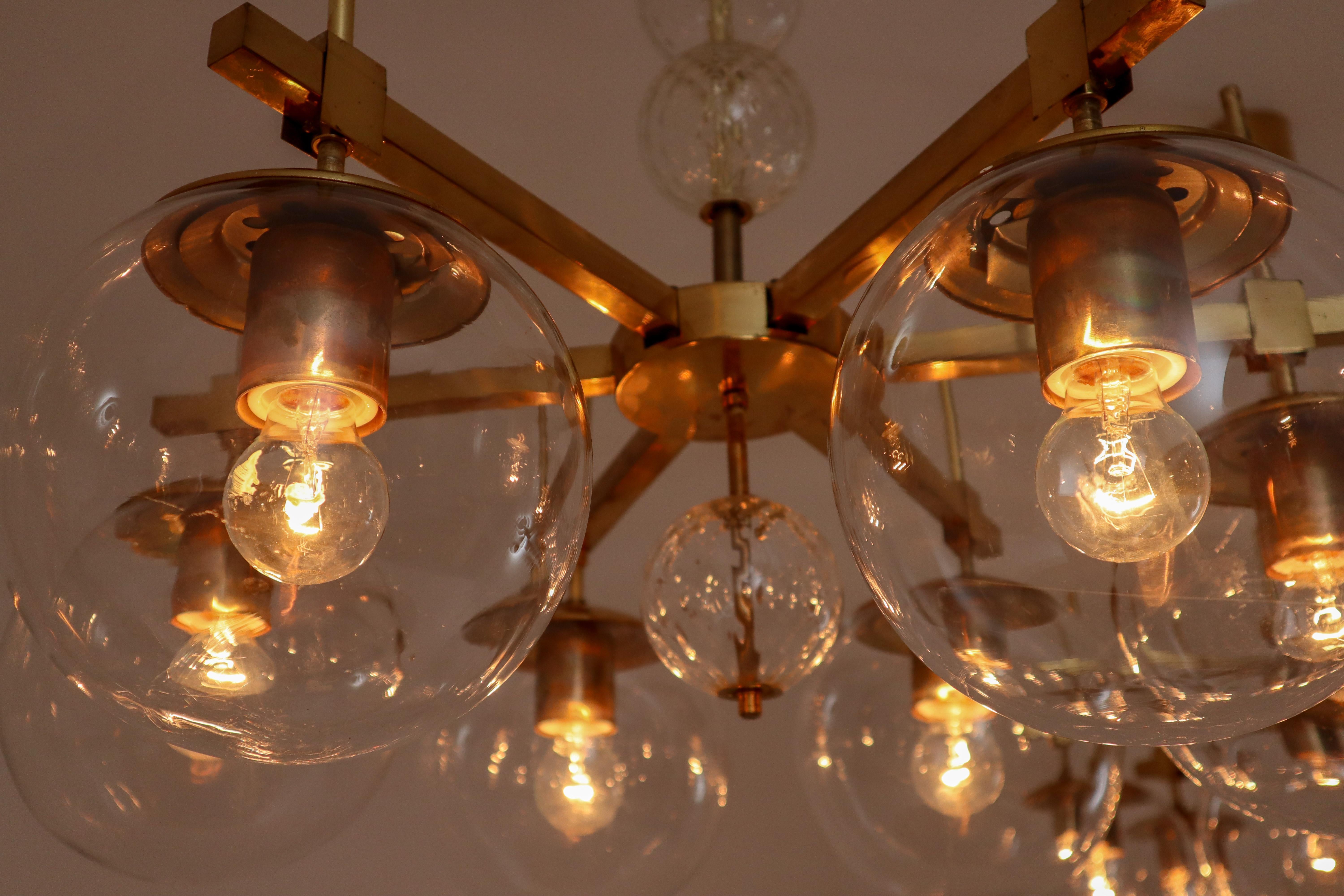 Midcentury Chandelier with Brass Fixture and Hand Blown Glass, Europe 2