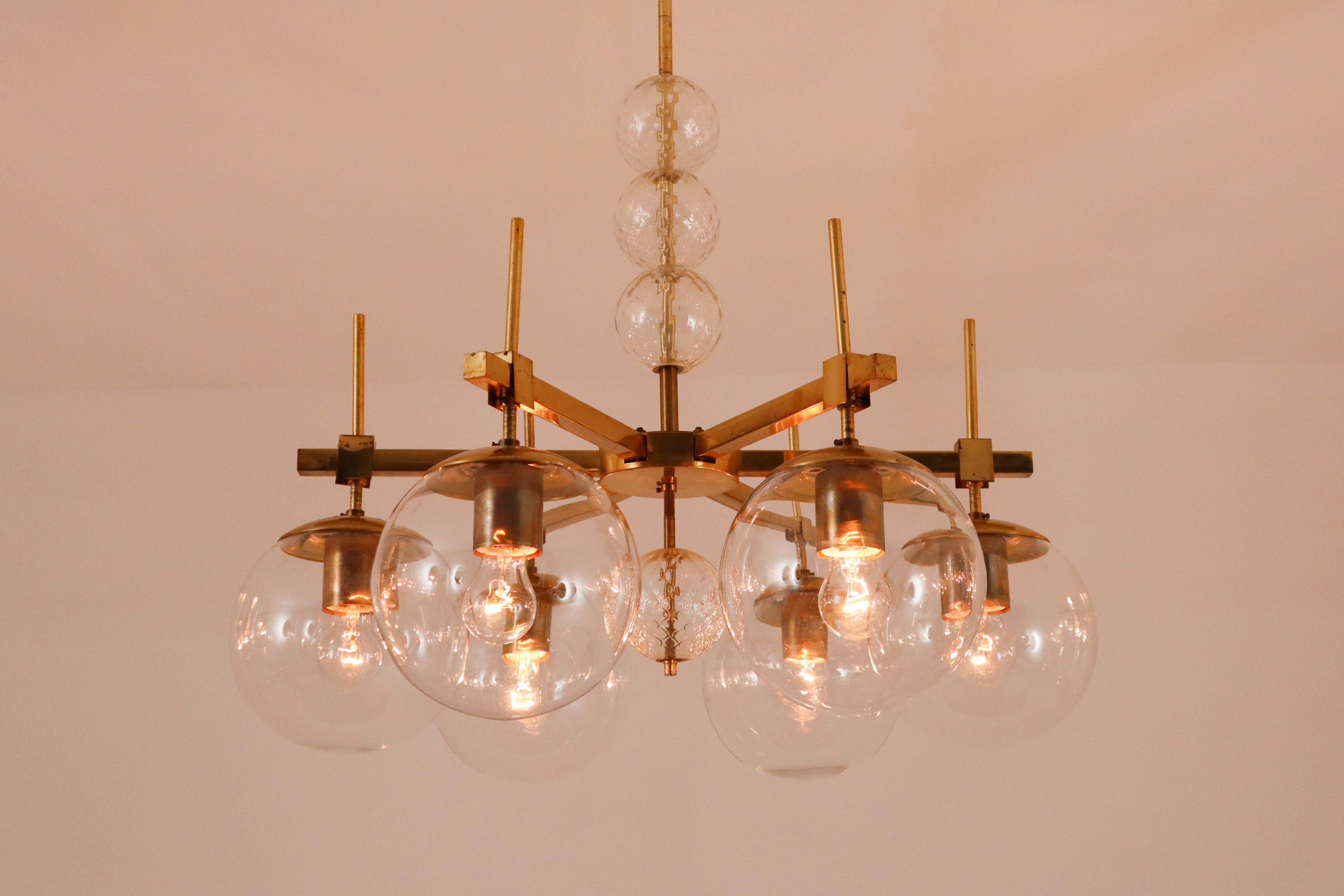 Midcentury Chandelier with Brass Fixture and Hand Blown Glass, Europe 3