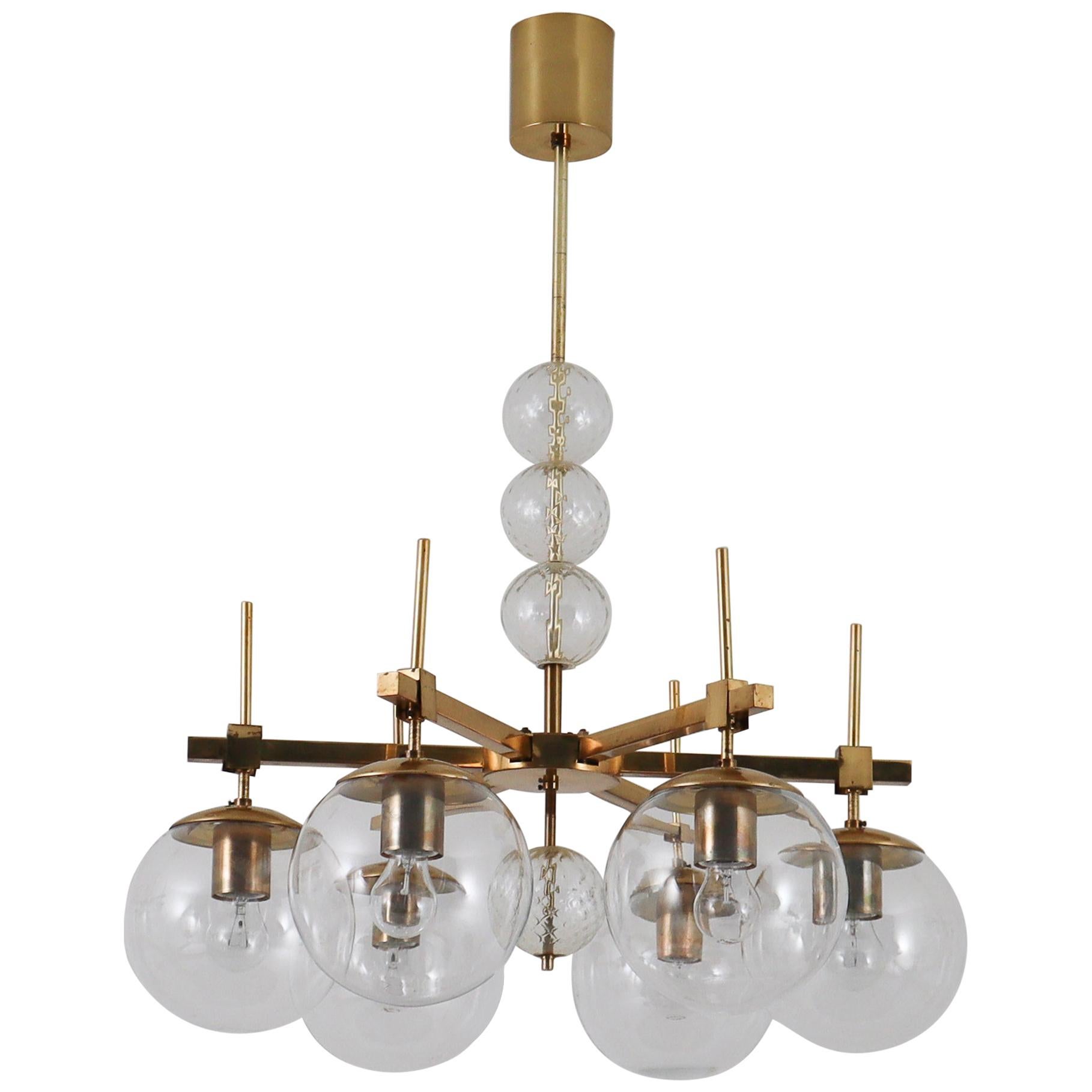 Midcentury Chandelier with Brass Fixture and Hand Blown Glass, Europe