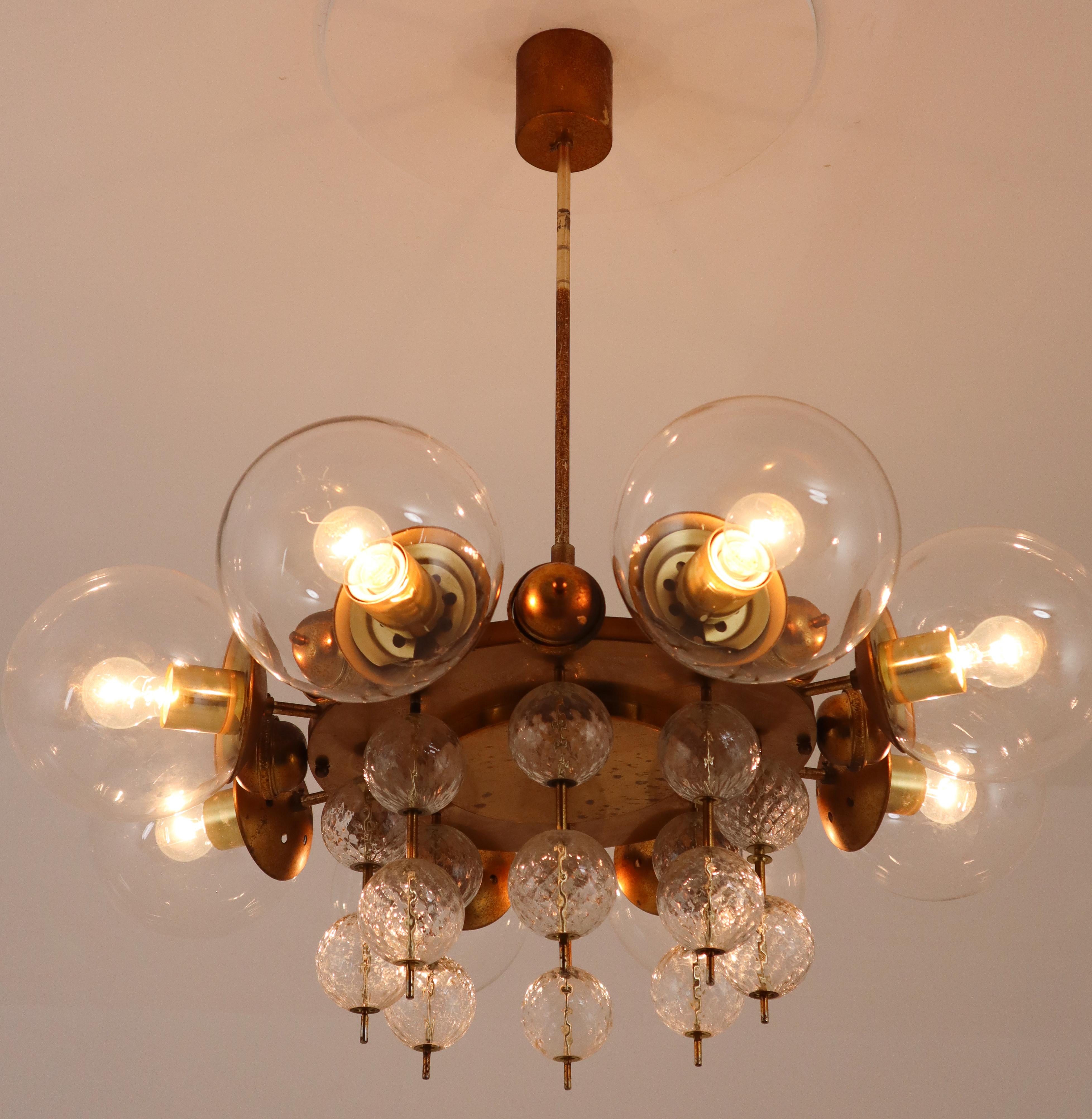 Mid-Century Modern Midcentury Chandelier with Patinated Brass Fixture, Europe, 1950s For Sale
