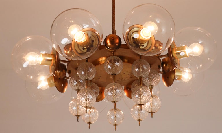 European Midcentury Chandelier with Patinated Brass Fixture, Europe, 1950s For Sale