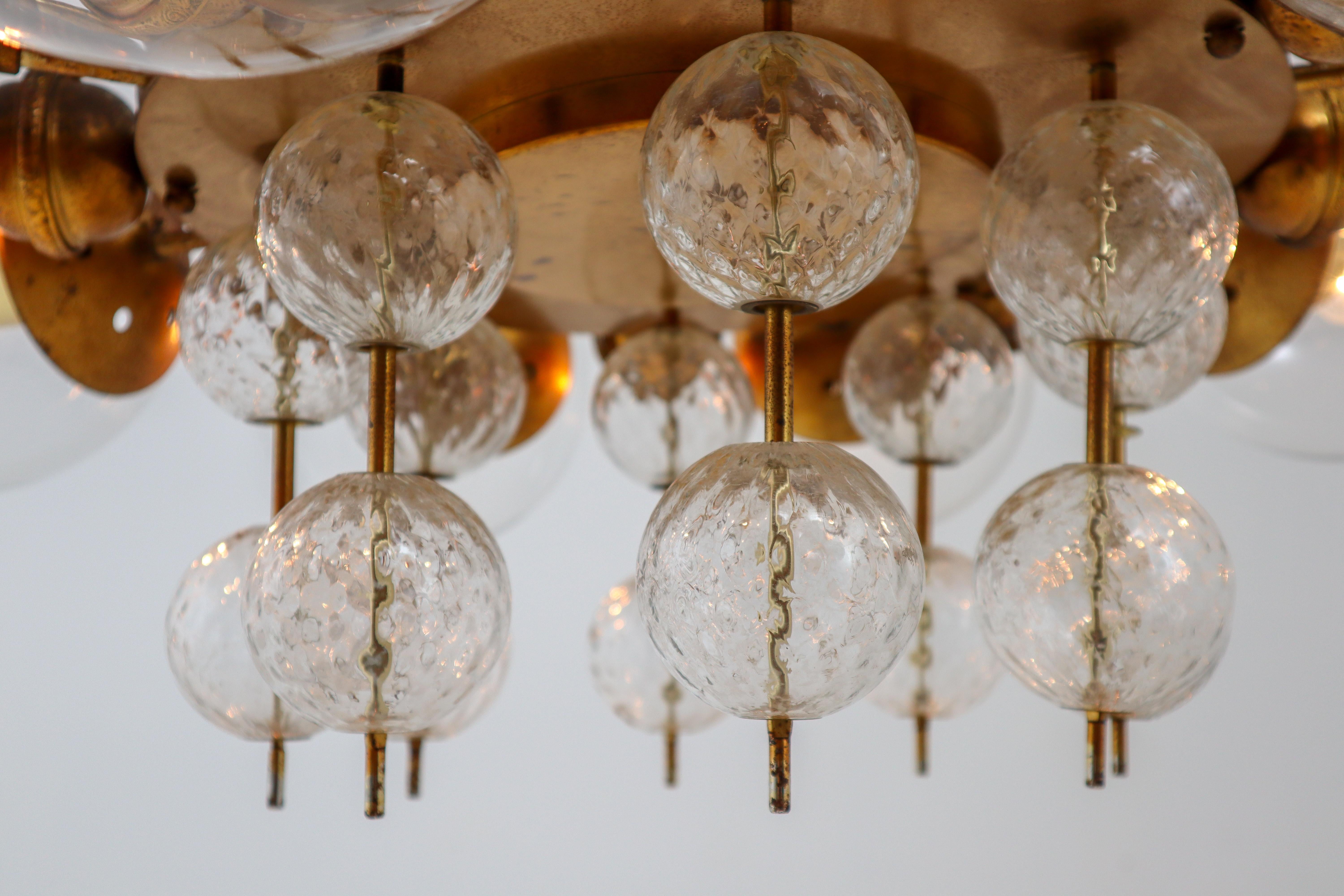 20th Century Midcentury Chandelier with Patinated Brass Fixture, Europe, 1950s For Sale