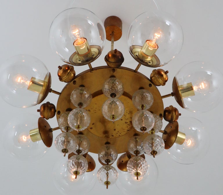 Midcentury Chandelier with Patinated Brass Fixture, Europe, 1950s For Sale 1