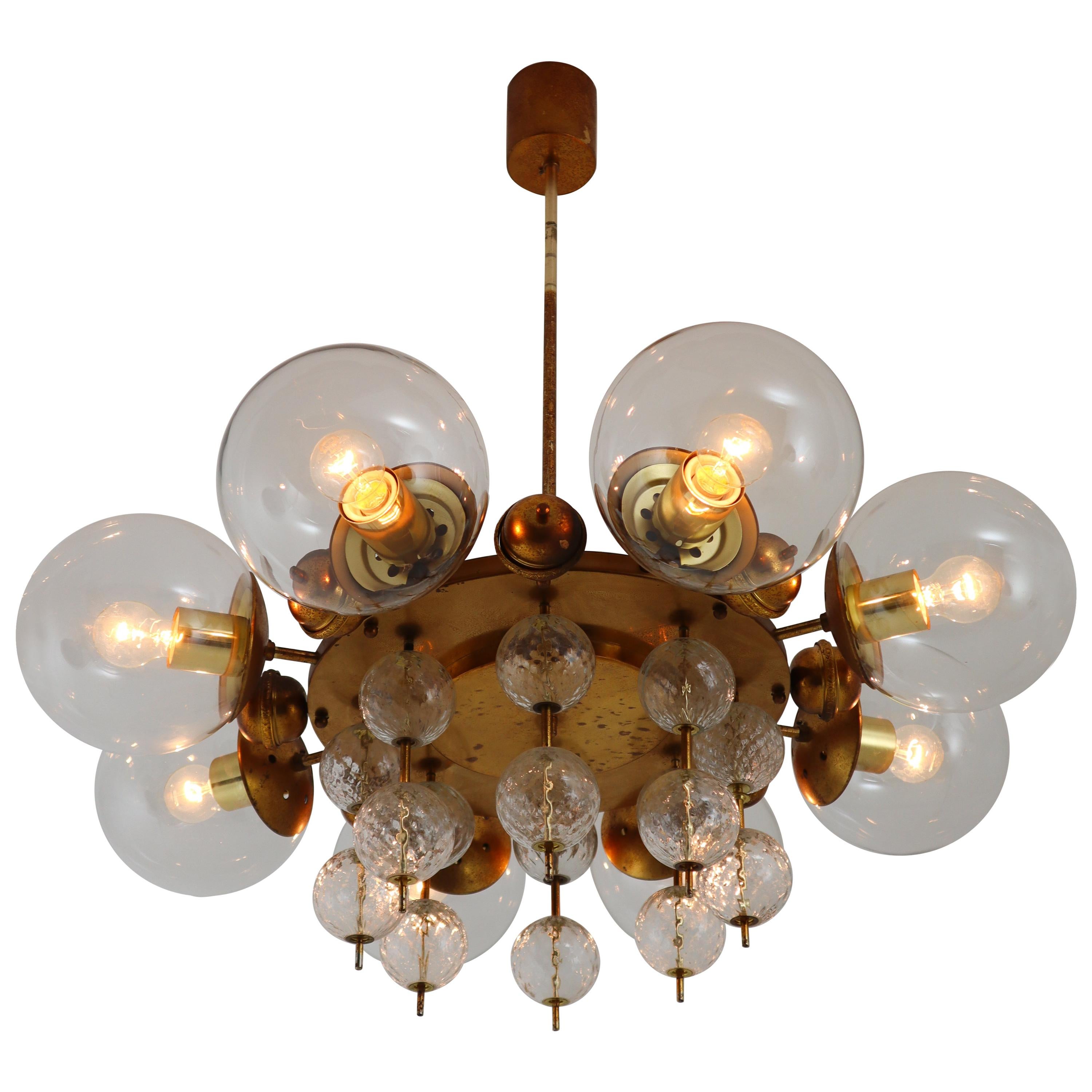 Midcentury Chandelier with Patinated Brass Fixture, Europe, 1950s