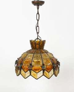 Midcentury Chandelier Wrought Iron and Hammered Glass by Longobard, Italy, 1970s
