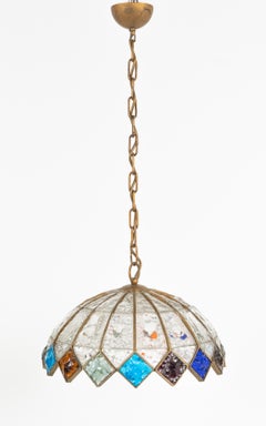 Lampadario del Medioevo in ferro battuto e vetro martellato di Longobard, Italia, anni '70