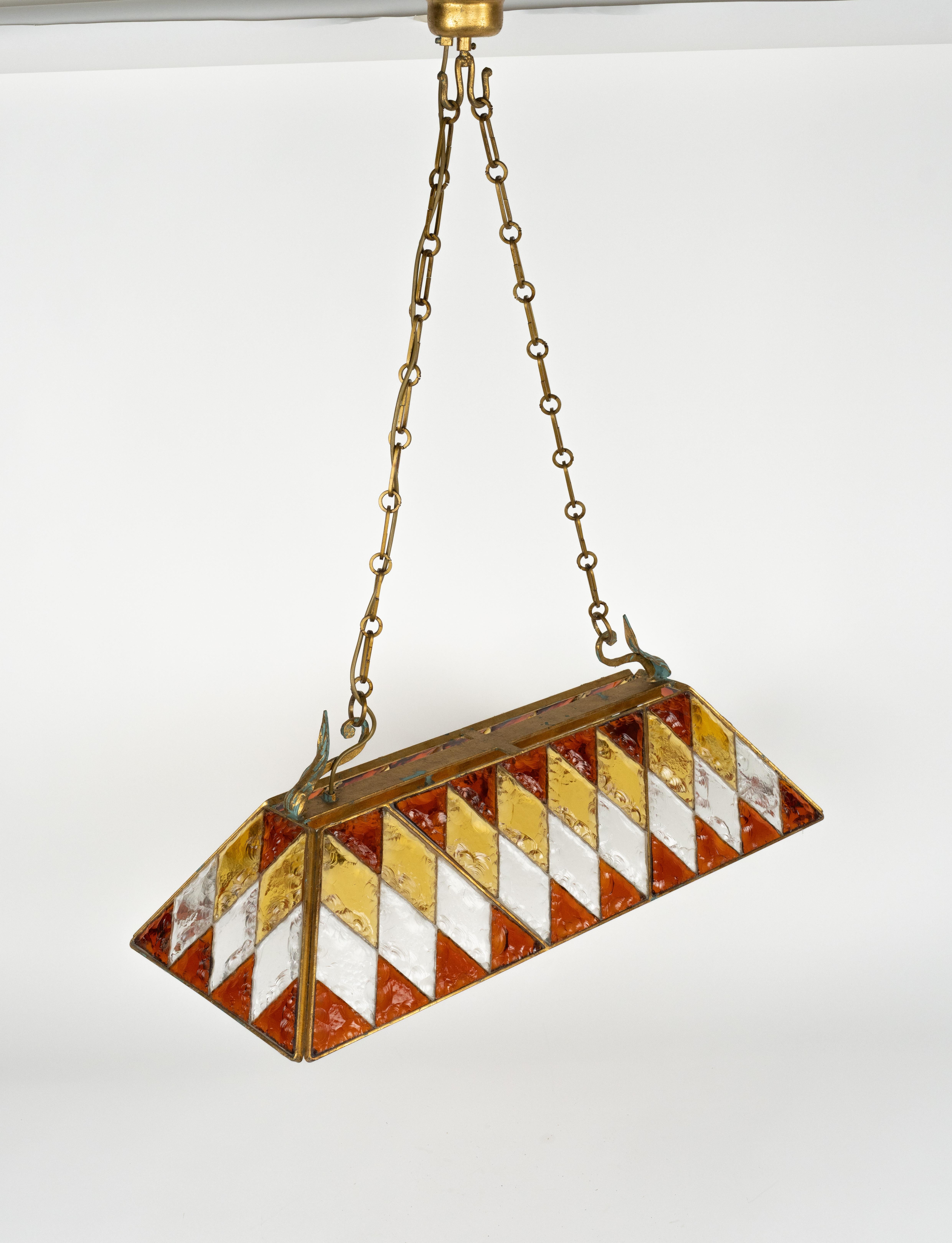 Mid-Century Modern Midcentury Chandelier Wrought Iron and Hammered Glass by Longobard, Italy, 1970s For Sale