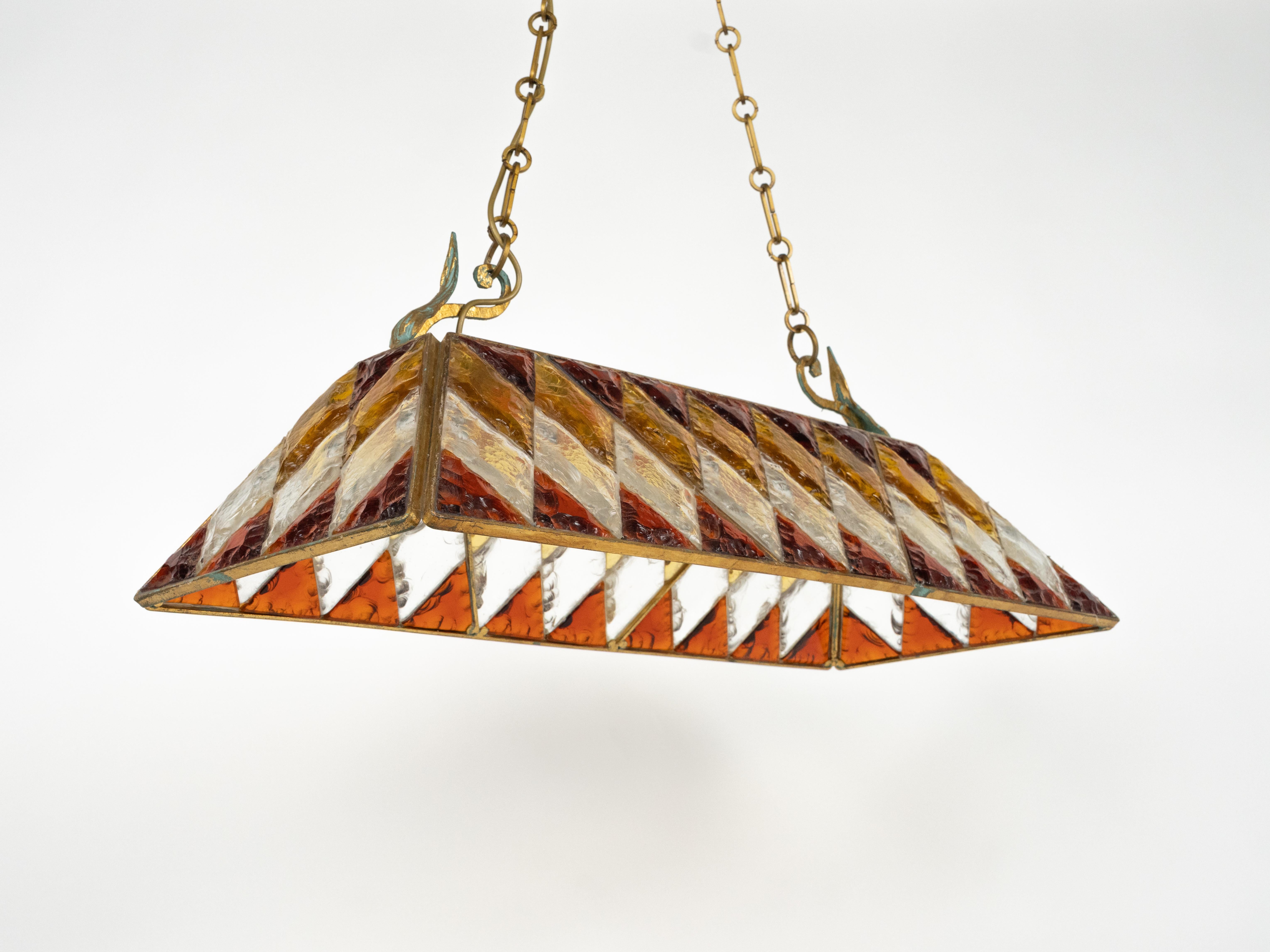 Midcentury Chandelier Wrought Iron and Hammered Glass by Longobard, Italy, 1970s In Good Condition For Sale In Rome, IT