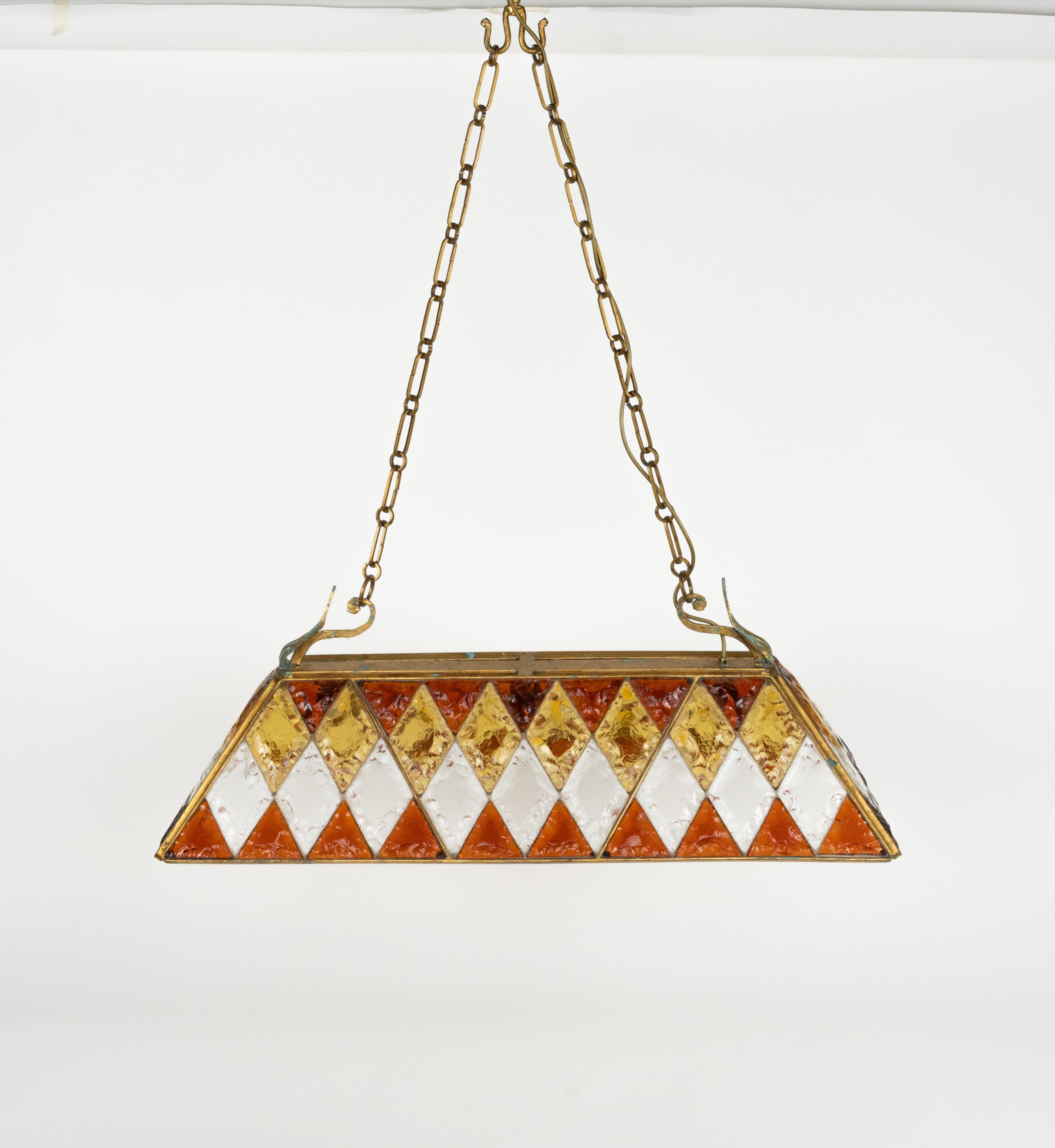 Late 20th Century Midcentury Chandelier Wrought Iron and Hammered Glass by Longobard, Italy, 1970s For Sale
