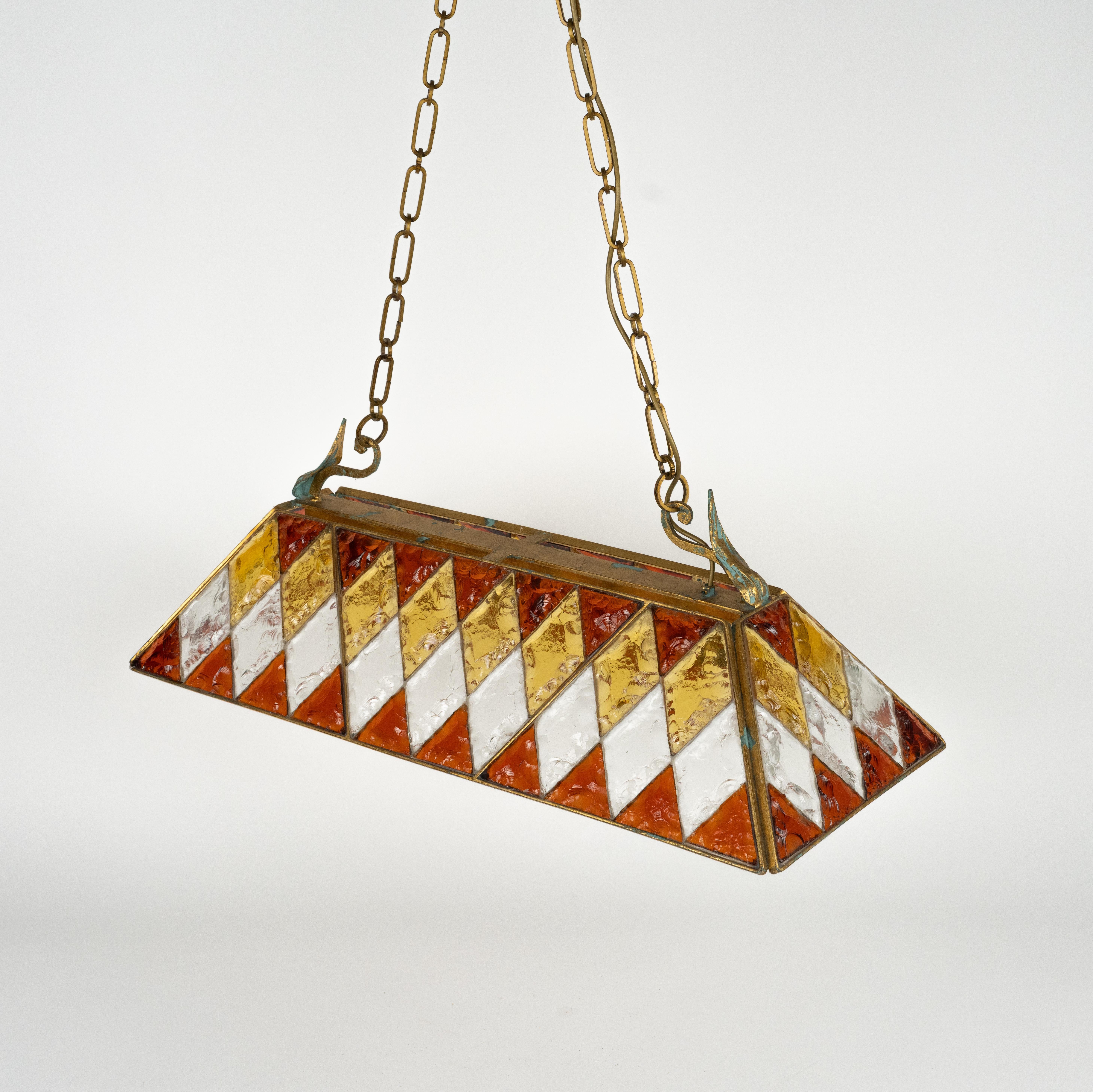 Metal Midcentury Chandelier Wrought Iron and Hammered Glass by Longobard, Italy, 1970s For Sale
