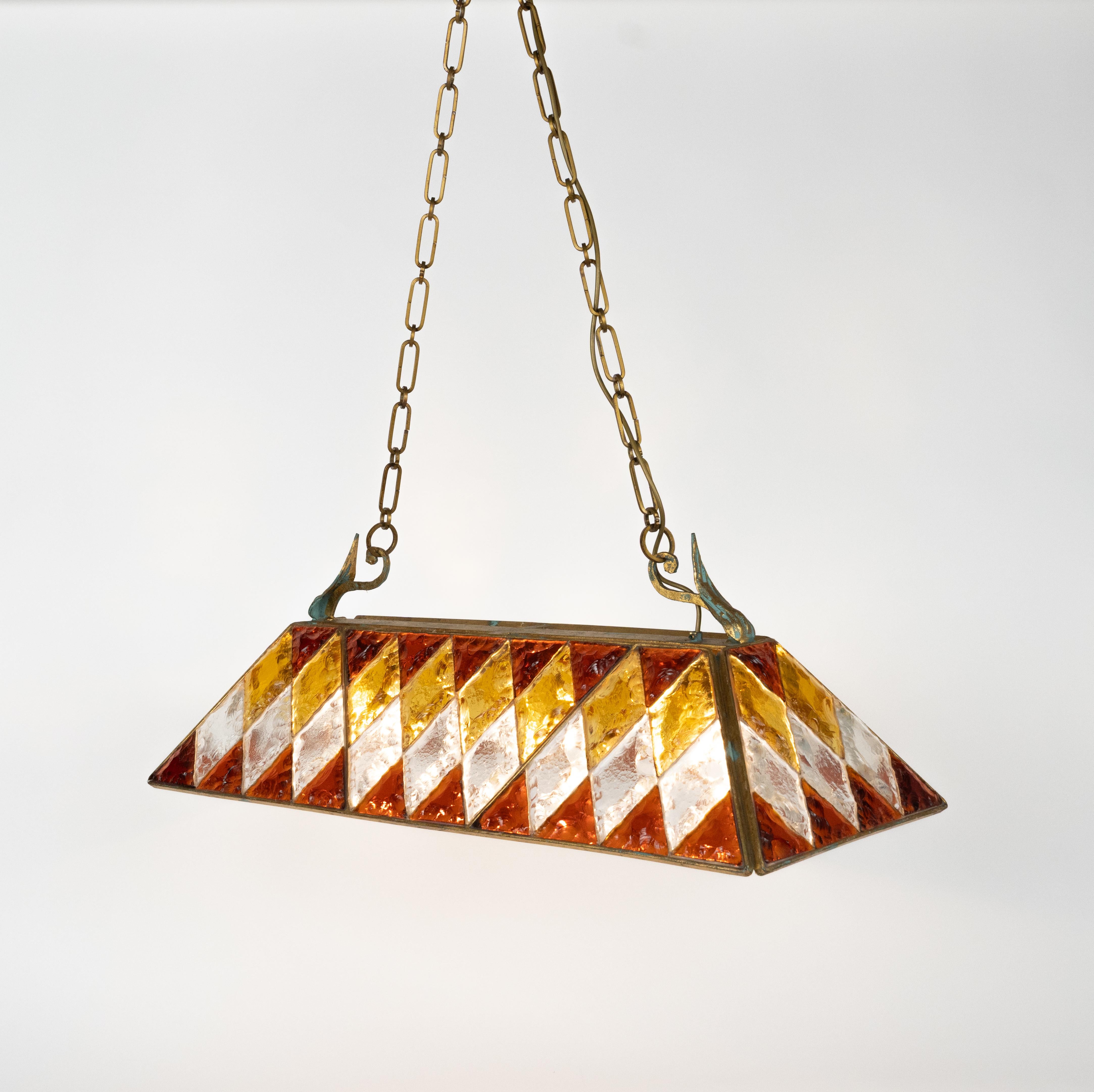 Midcentury Chandelier Wrought Iron and Hammered Glass by Longobard, Italy, 1970s For Sale 1