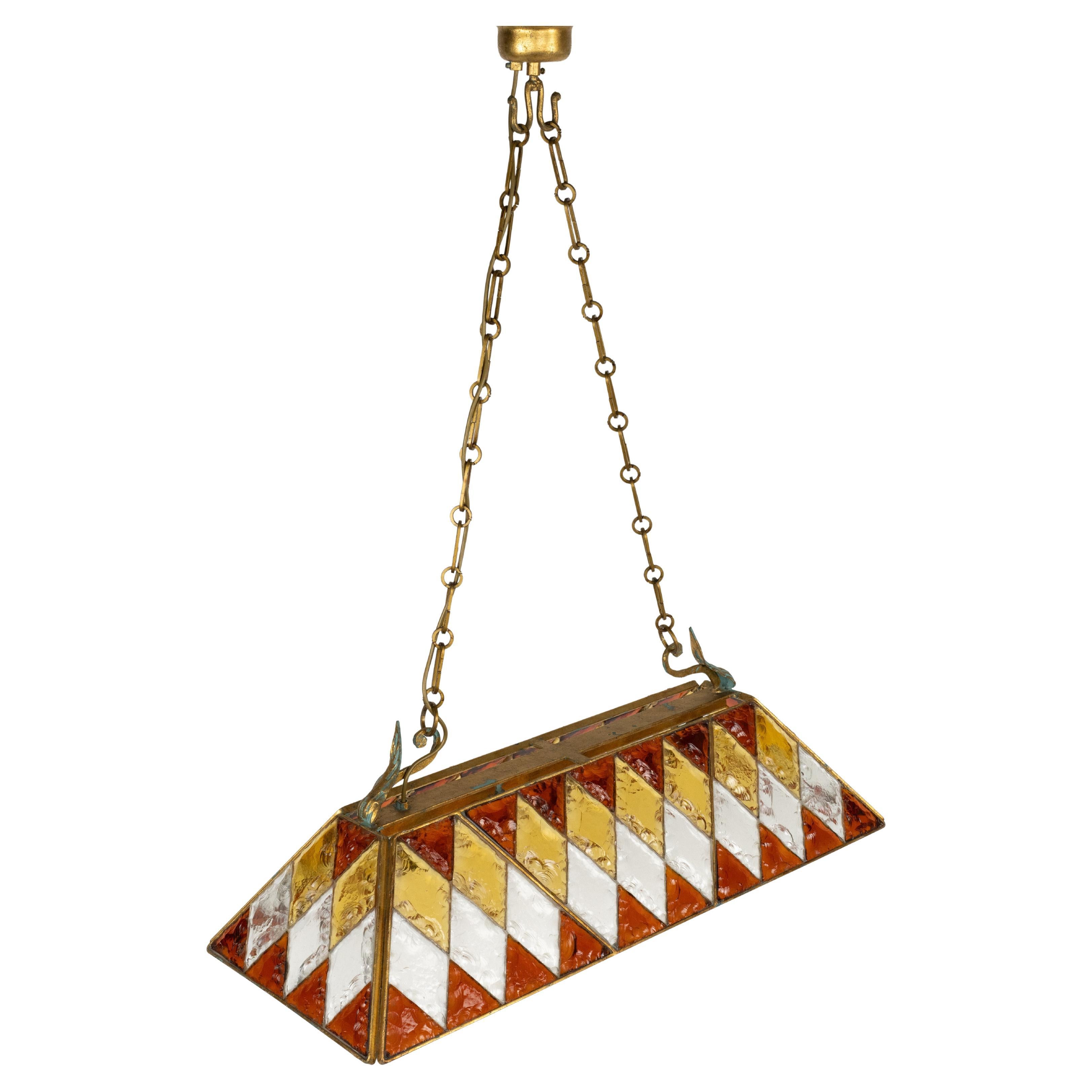 Midcentury Chandelier Wrought Iron and Hammered Glass by Longobard, Italy, 1970s For Sale