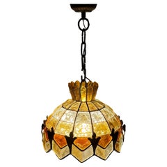 Midcentury Chandelier Wrought Iron and Hammered Glass by Longobard, Italy, 1970s