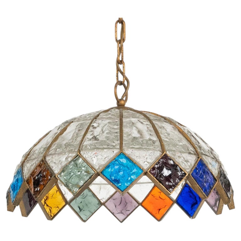 Midcentury Chandelier Wrought Iron and Hammered Glass by Longobard, Italy, 1970s