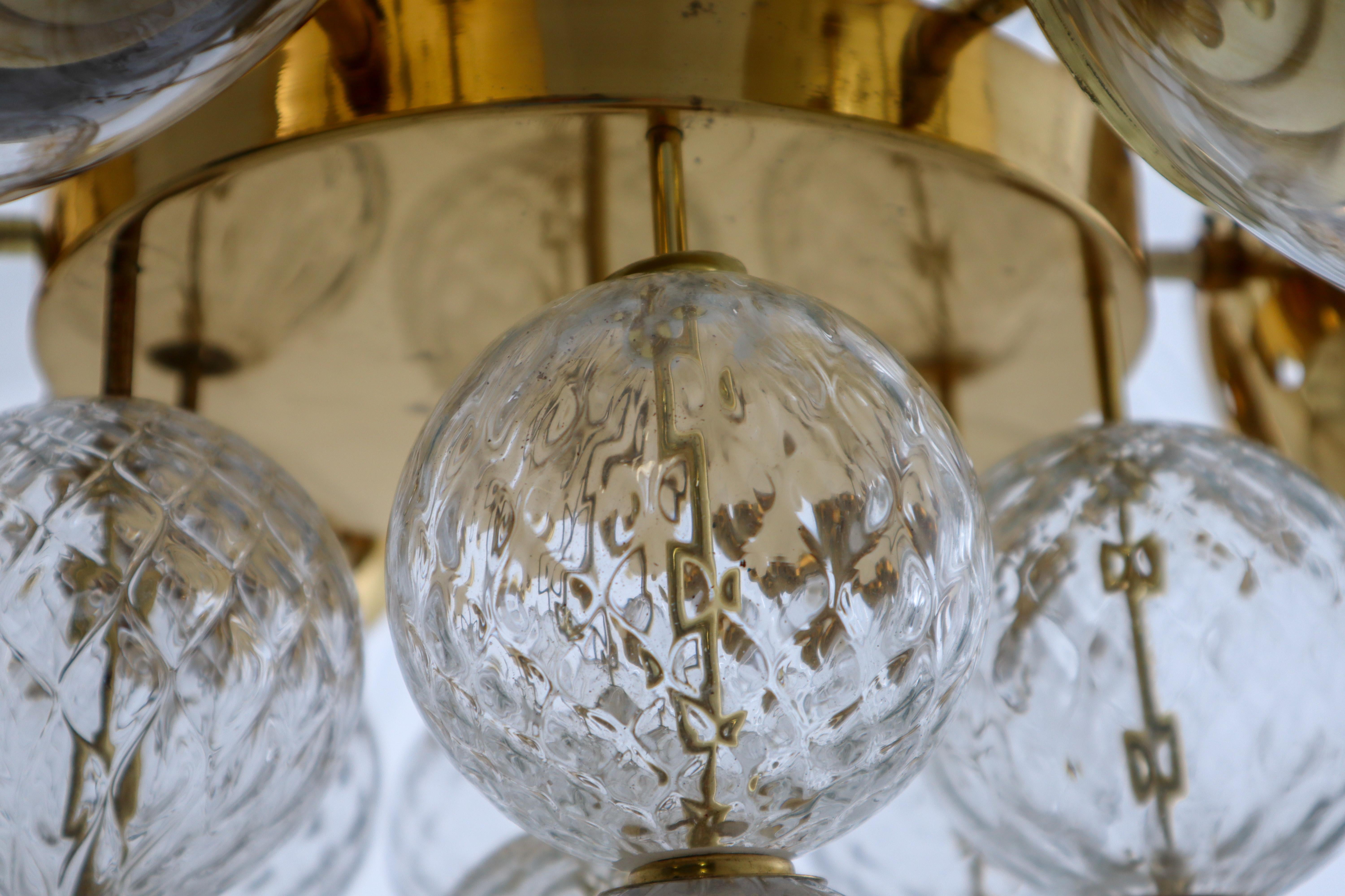 Midcentury Chandeliers with Brass Fixture and Hand-Blown Glass, Europe 1970s For Sale 4