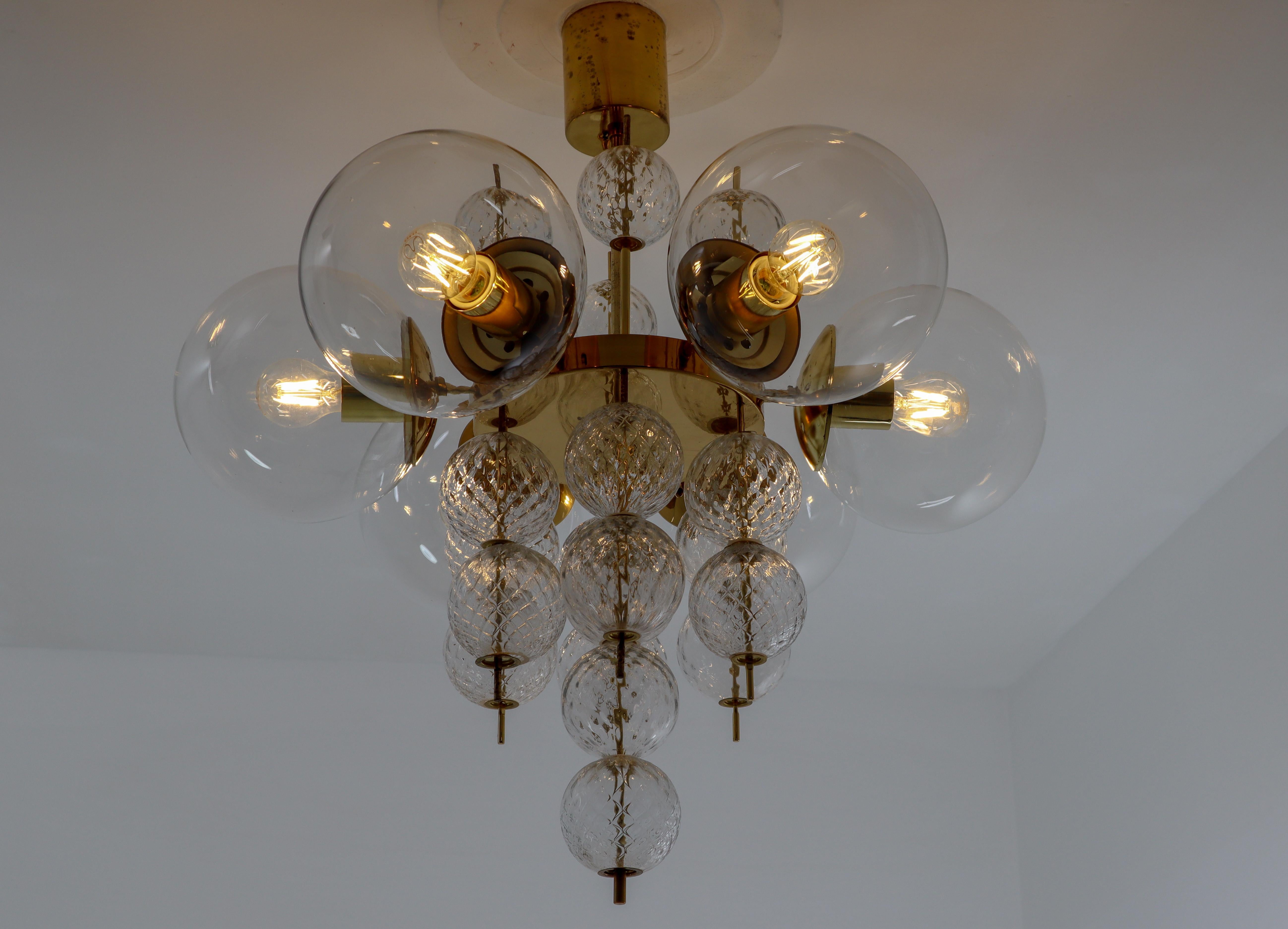 Midcentury Chandeliers with Brass Fixture and Hand-Blown Glass, Europe 1970s For Sale 6