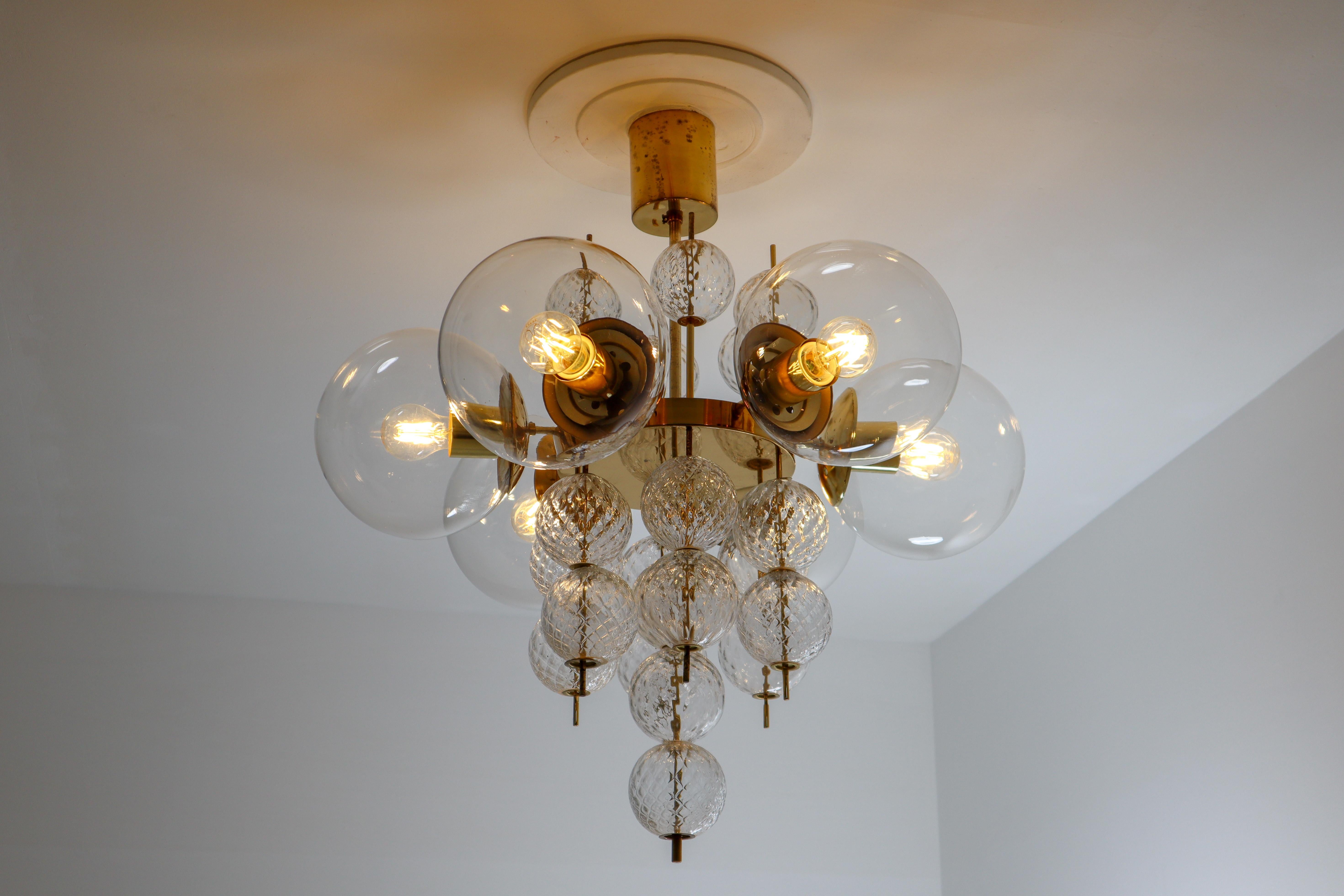 Midcentury Chandeliers with Brass Fixture and Hand-Blown Glass, Europe 1970s For Sale 7