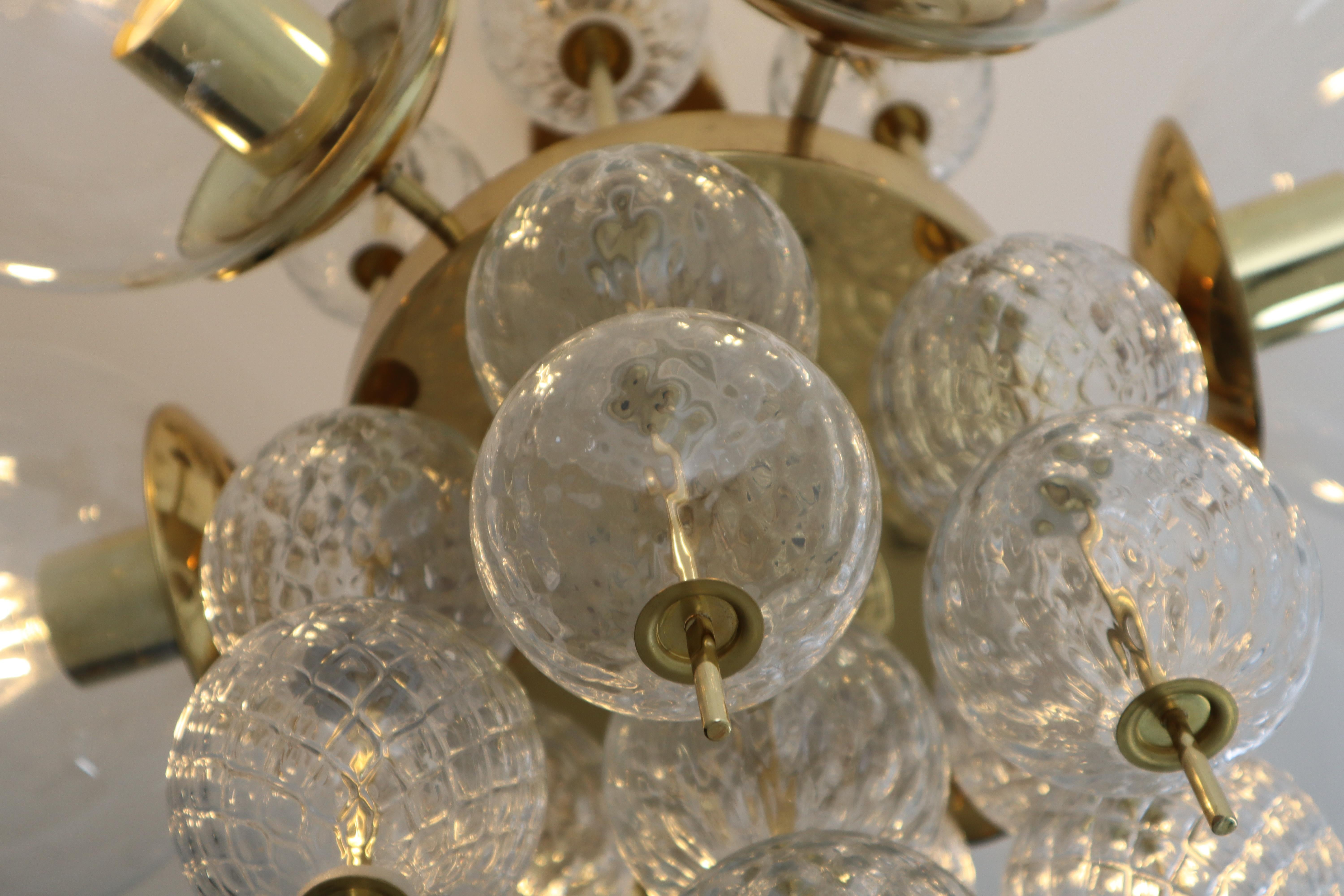 European Midcentury Chandeliers with Brass Fixture and Hand-Blown Glass, Europe 1970s For Sale