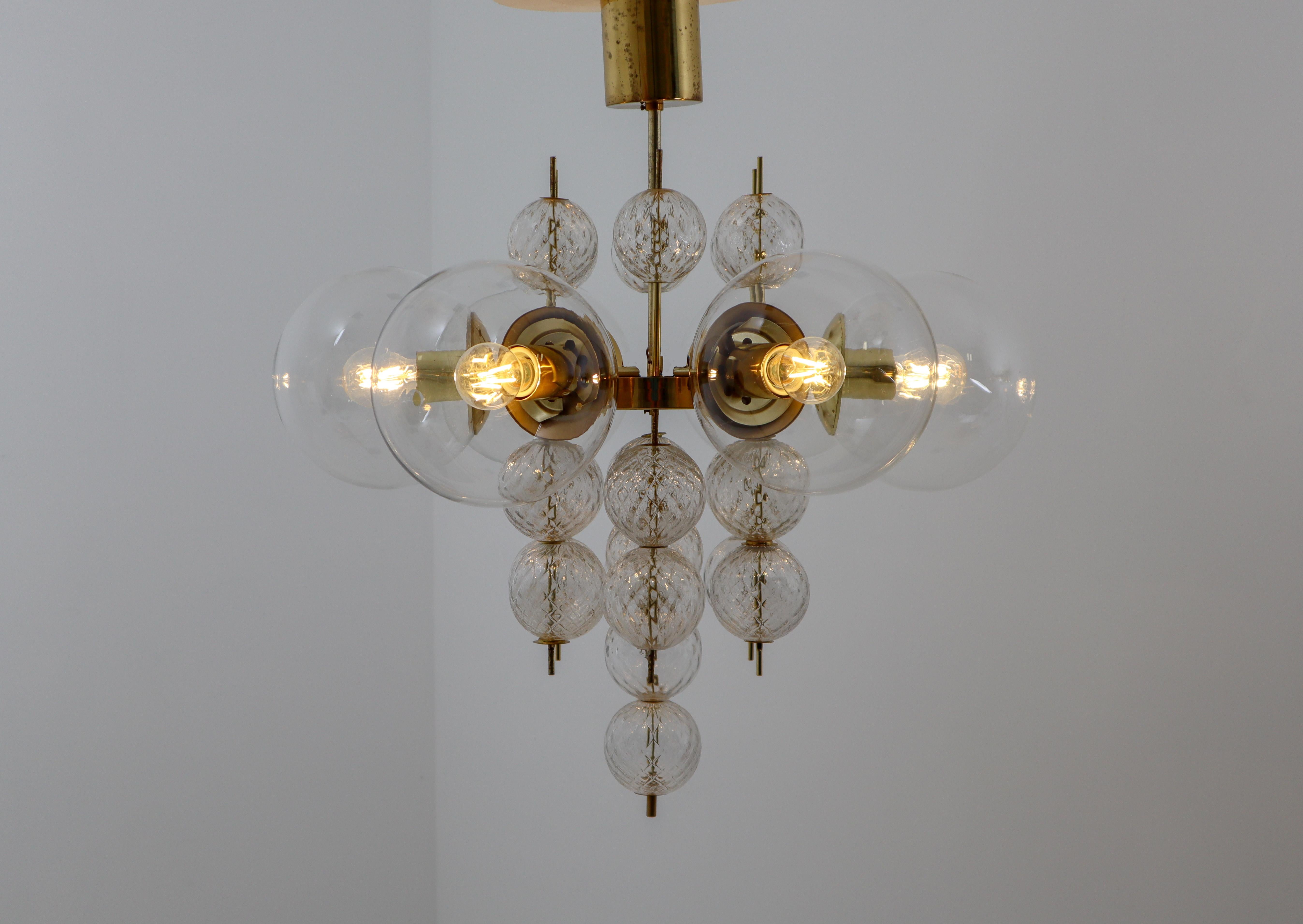 Midcentury Chandeliers with Brass Fixture and Hand-Blown Glass, Europe 1970s For Sale 1
