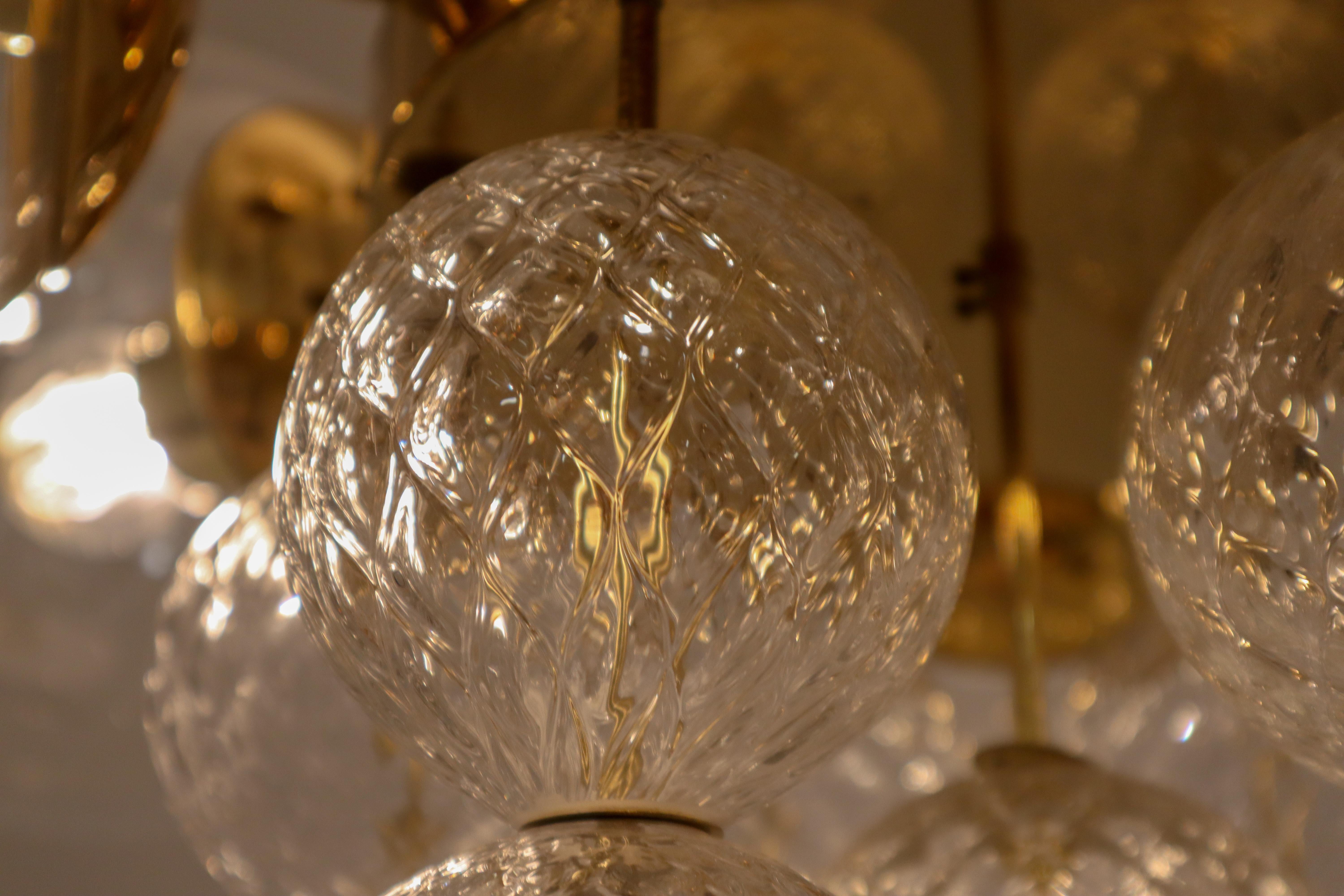 Midcentury Chandeliers with Brass Fixture and Hand-Blown Glass, Europe 1970s For Sale 2