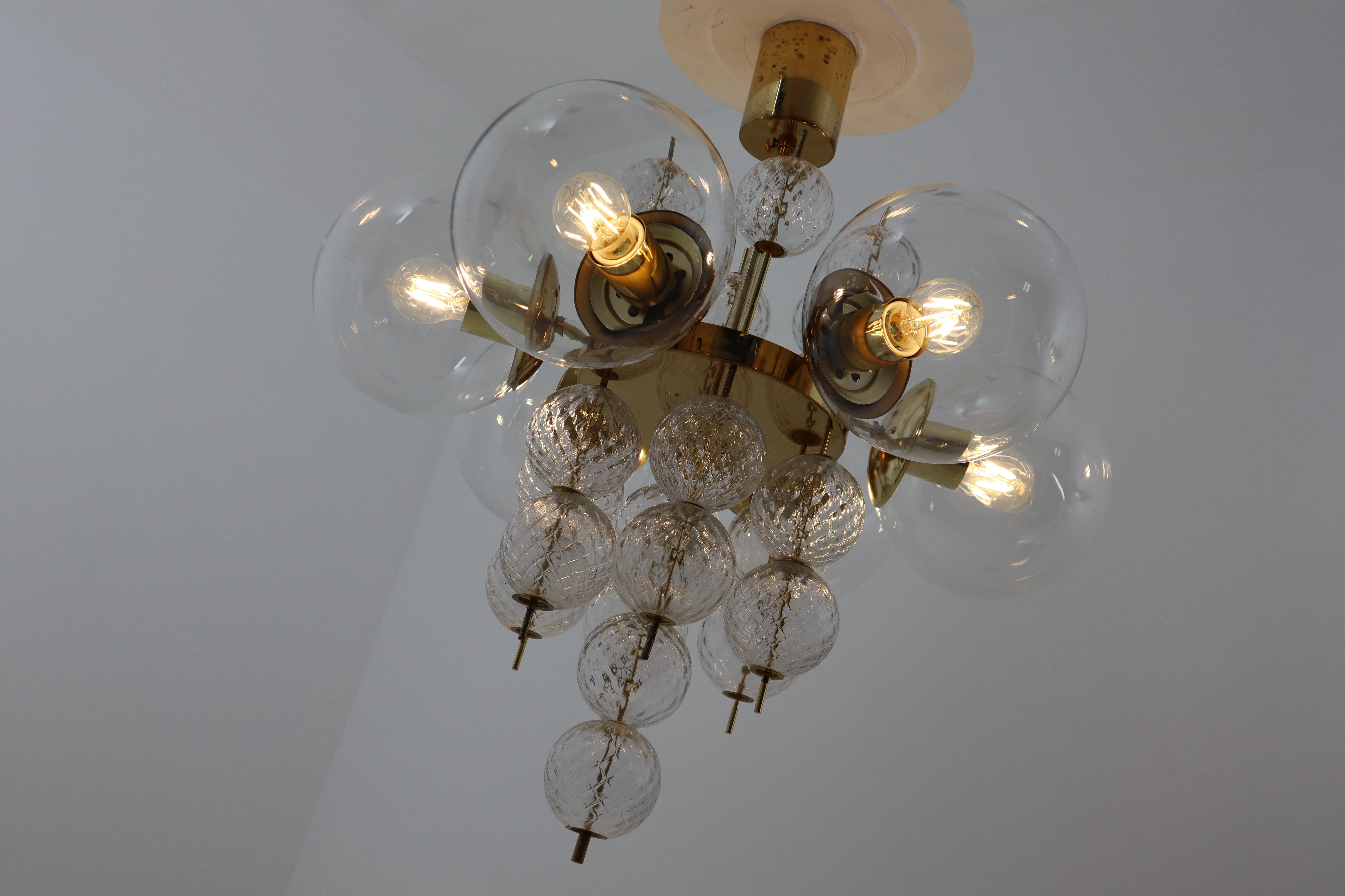 Midcentury Chandeliers with Brass Fixture and Hand-Blown Glass, Europe 1970s For Sale 3