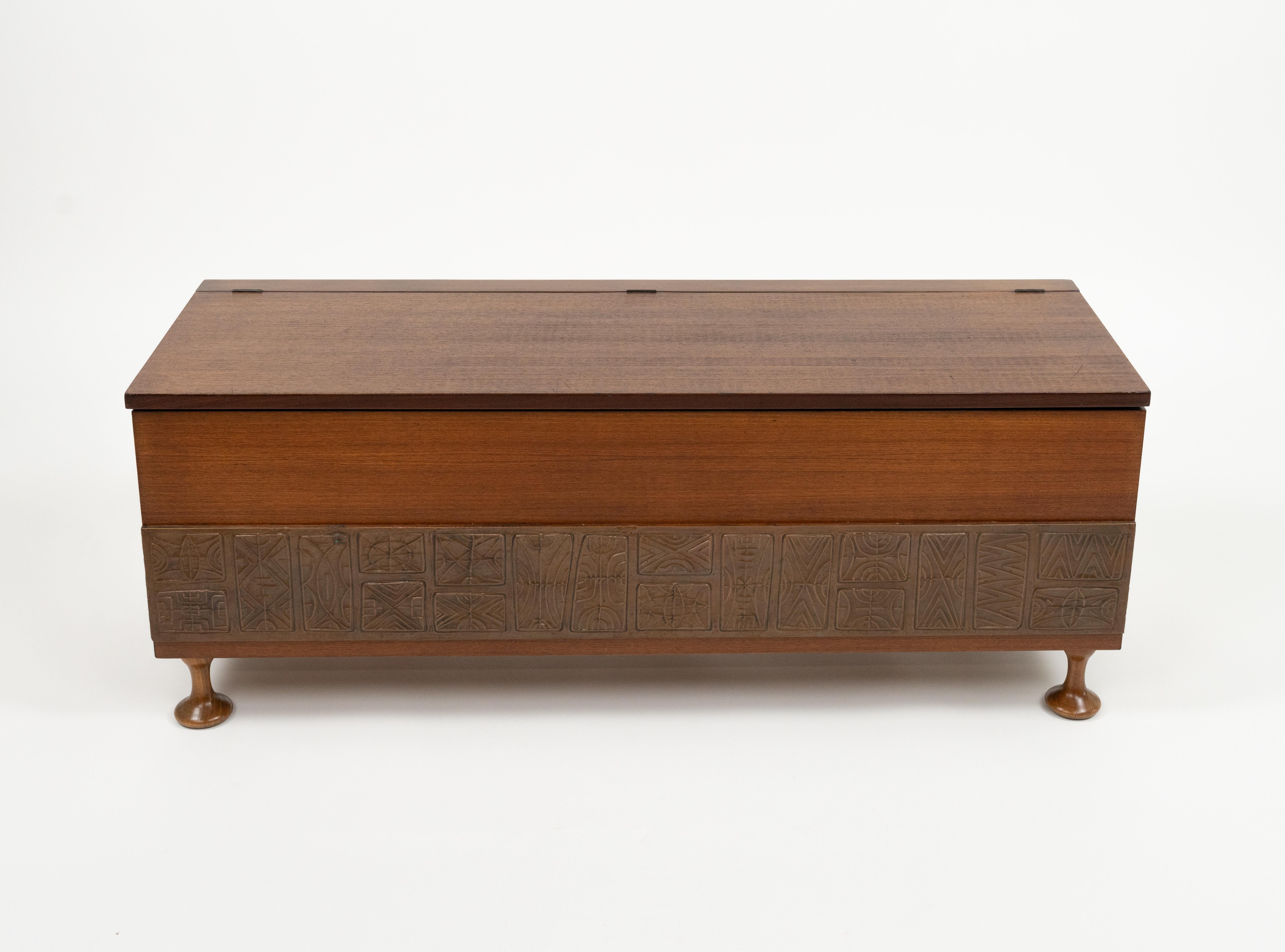Midcentury amazing rectangular chest in wood and  embossed copper decoration on the lower part by Santambrogio & De Berti.   

Made in Italy in the 1960s.   

