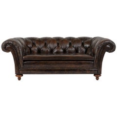 Midcentury Chesterfield Tufted Aged Dark Brown Leather Club Sofa