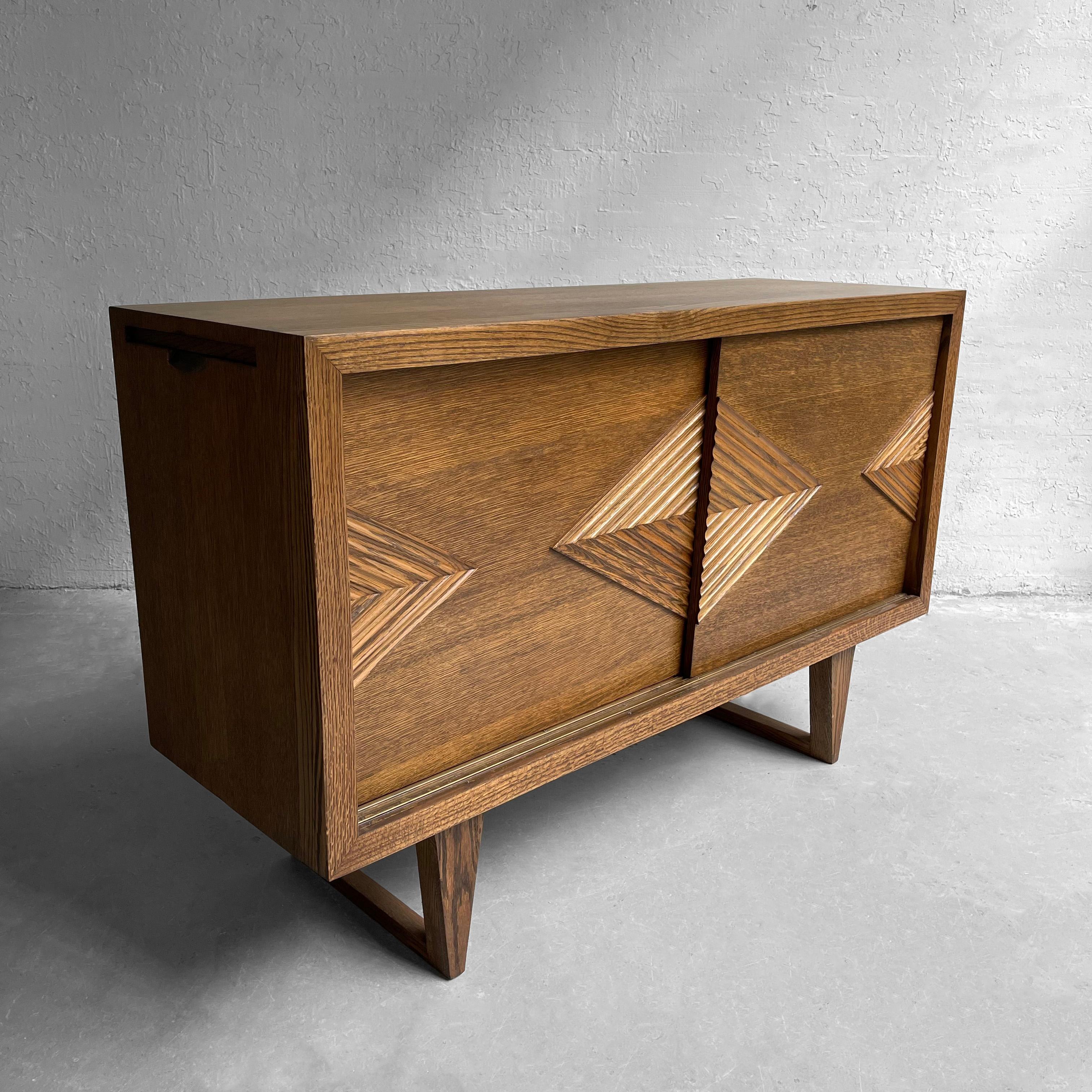 American Midcentury Chevron Front Oak Sideboard Credenza For Sale