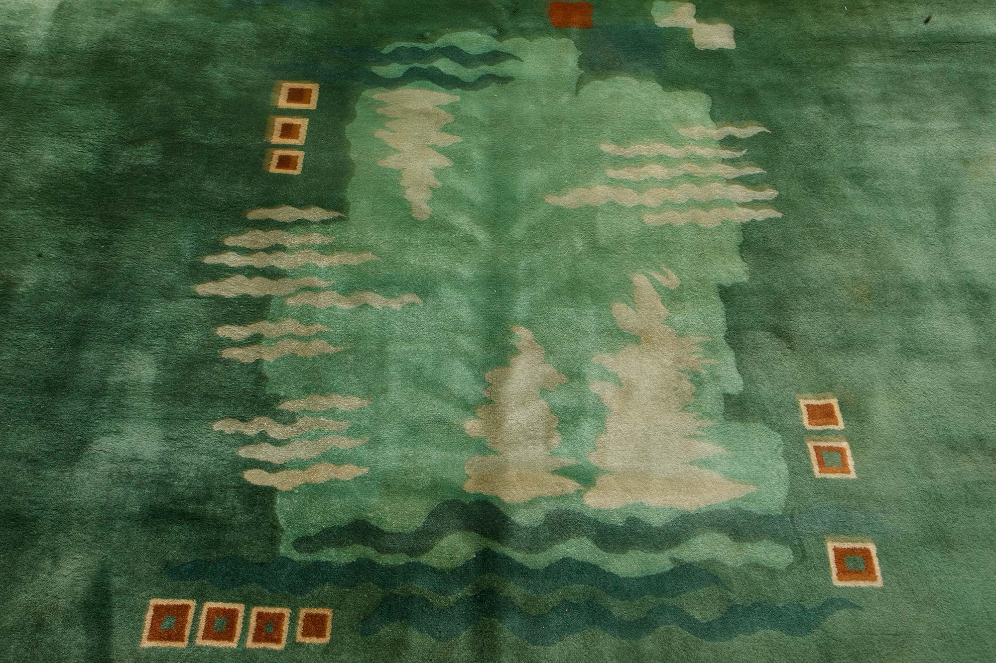 Hand-Woven Midcentury Chinese Art Deco Brown, Green and Ivory Handwoven Wool Rug