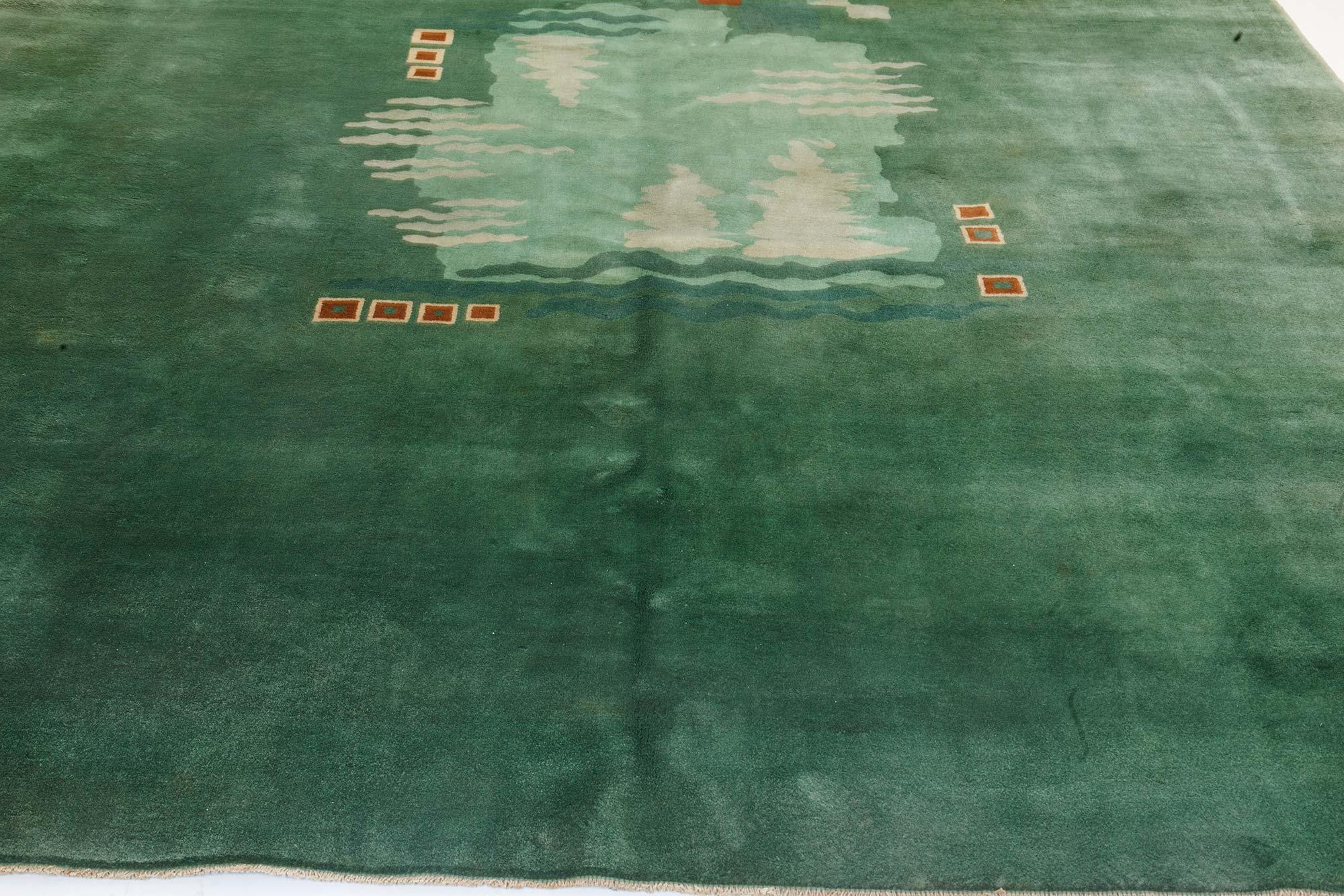 20th Century Midcentury Chinese Art Deco Brown, Green and Ivory Handwoven Wool Rug