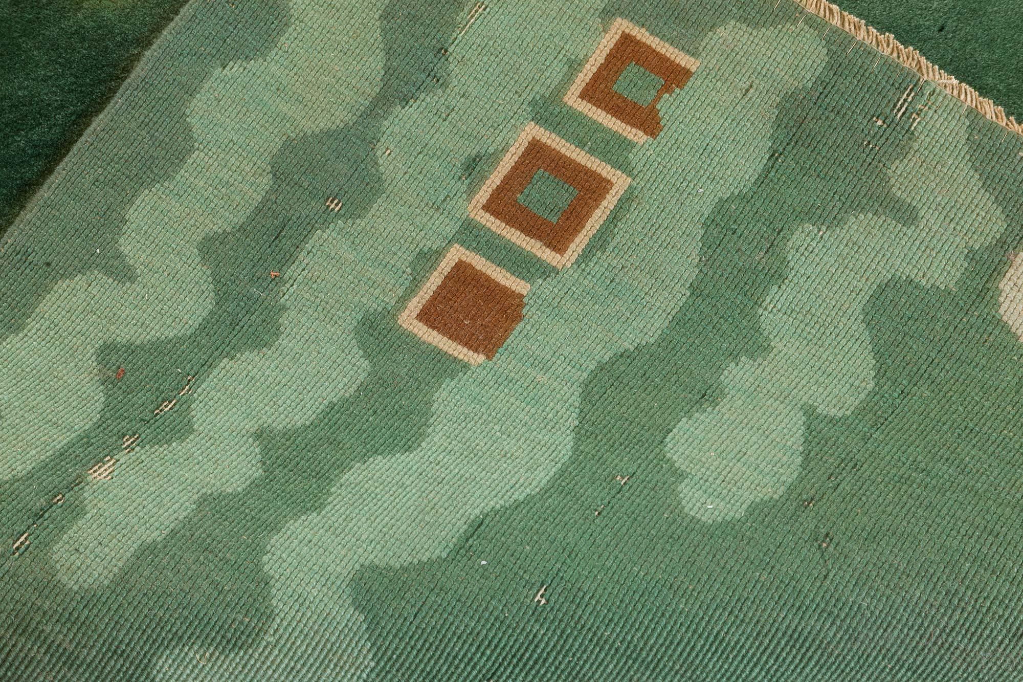 Midcentury Chinese Art Deco Brown, Green and Ivory Handwoven Wool Rug 2