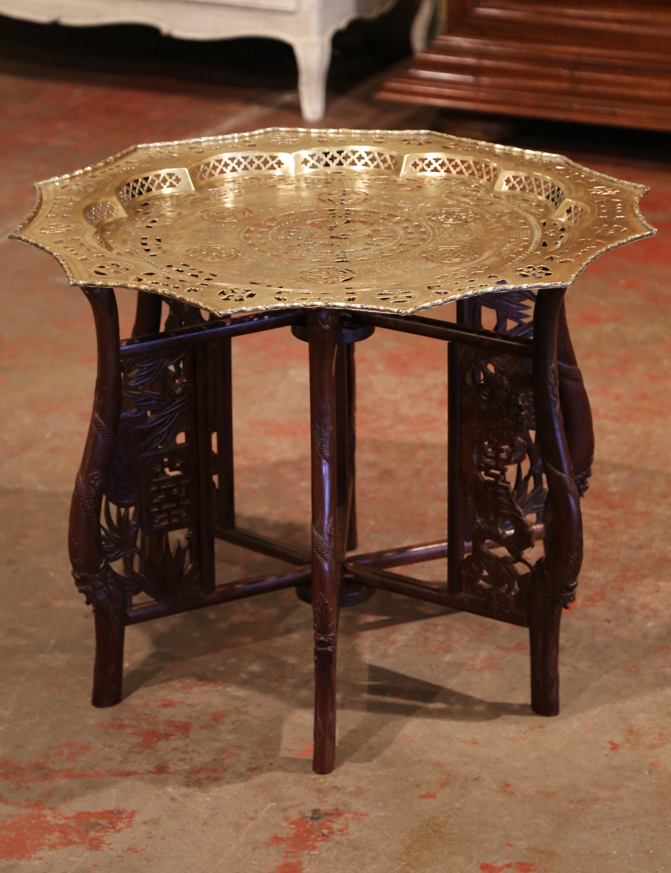 Victorian Midcentury Chinese Carved Six-Leg Folding Table Base with Engraved Brass Top For Sale