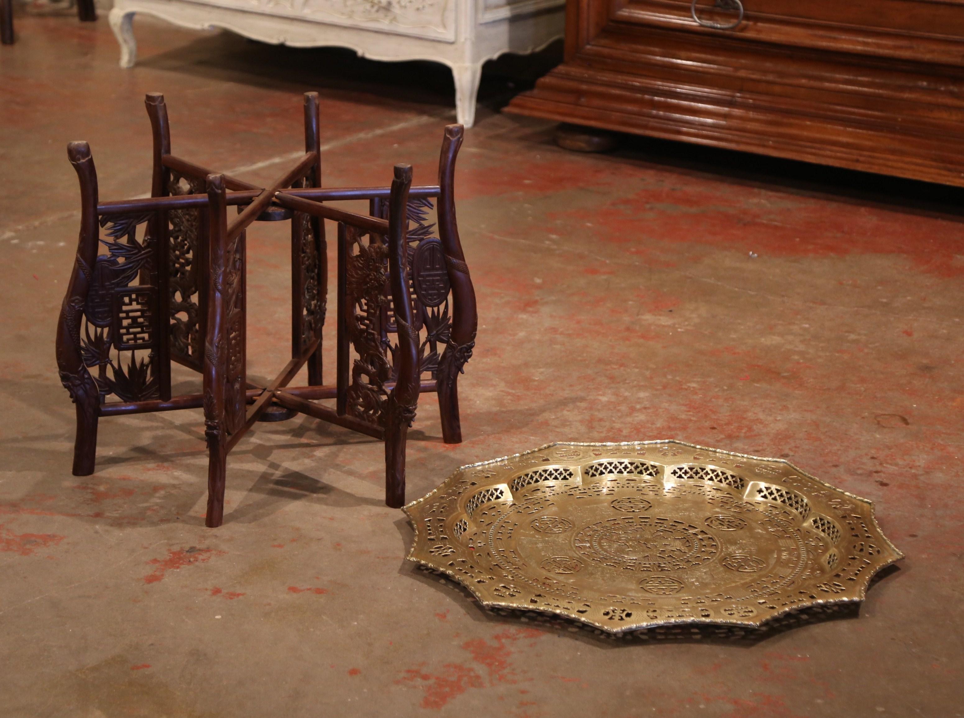 Hand-Carved Midcentury Chinese Carved Six-Leg Folding Table Base with Engraved Brass Top For Sale