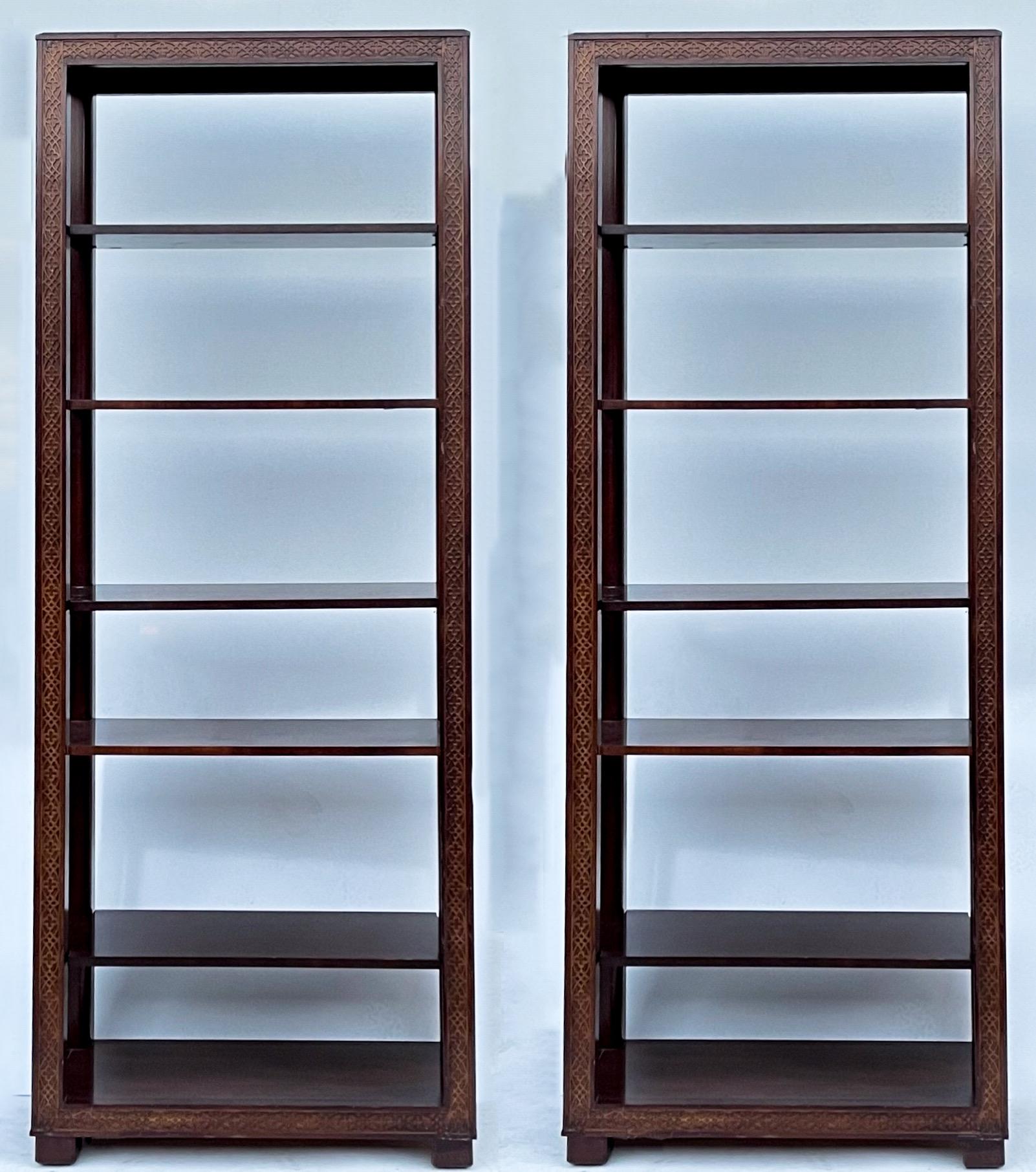 American Midcentury Chinese Chippendale Style Carved Mahogany Etageres or Shelves, Pair 