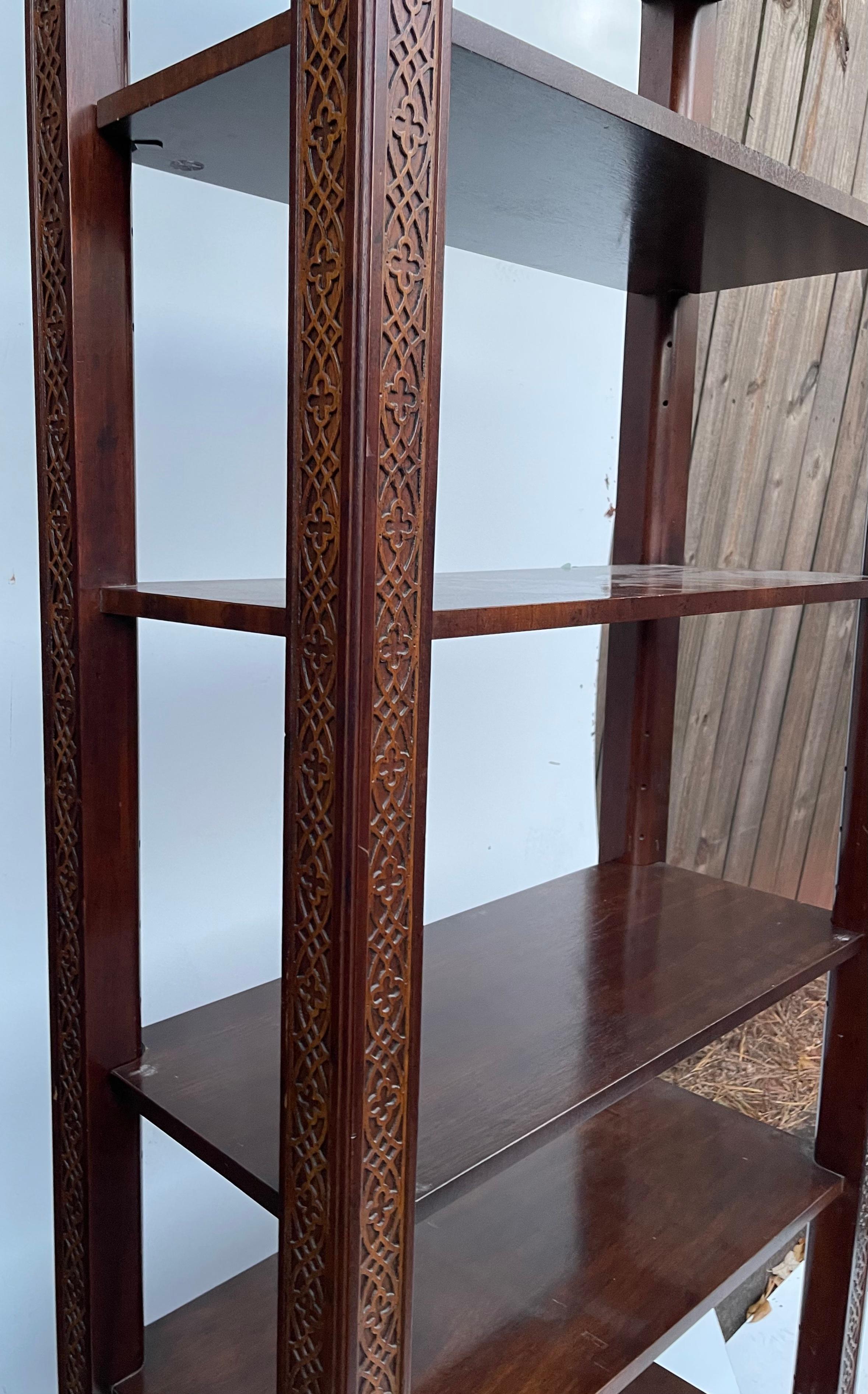 20th Century Midcentury Chinese Chippendale Style Carved Mahogany Etageres or Shelves, Pair 