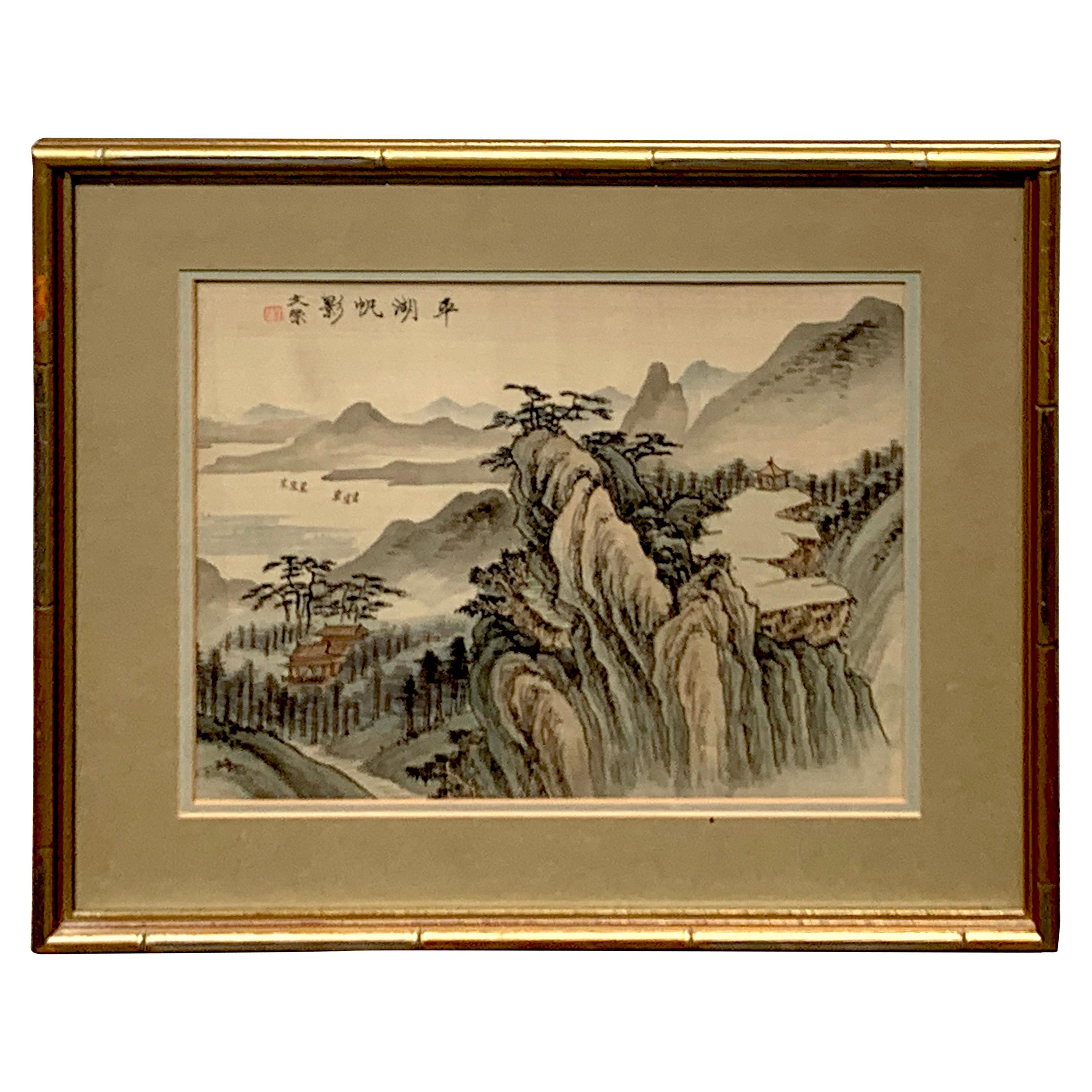 Midcentury Chinese Export Landscape Painting on Silk, White Mat
