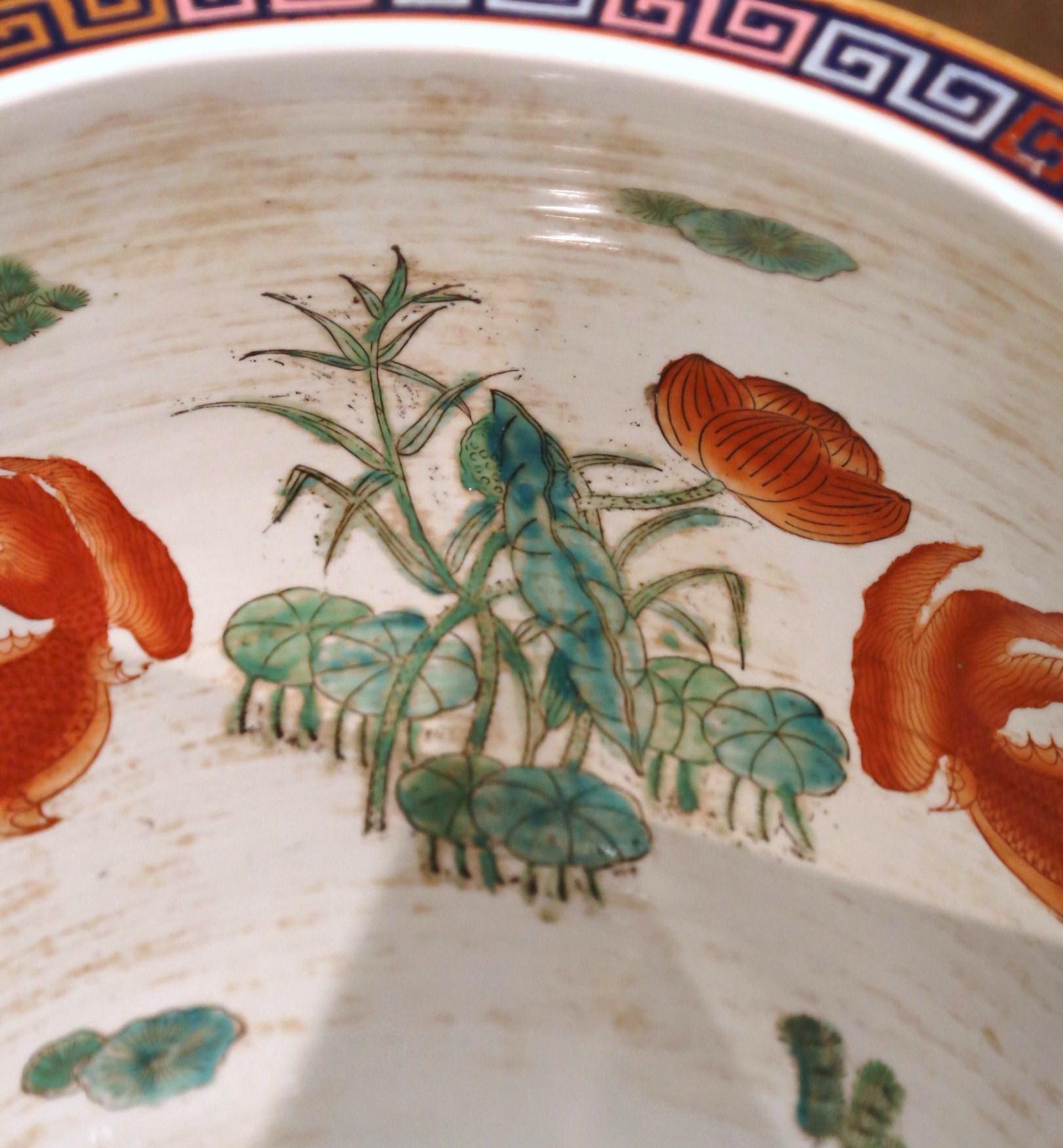 Midcentury Chinese Export Porcelain Fish Bowl with Oriental Decorations For Sale 3