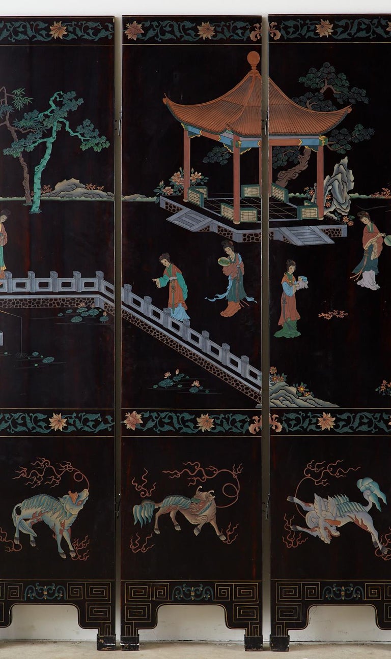 Midcentury Chinese Export Six-Panel Lacquered Coromandel Screen For Sale 5