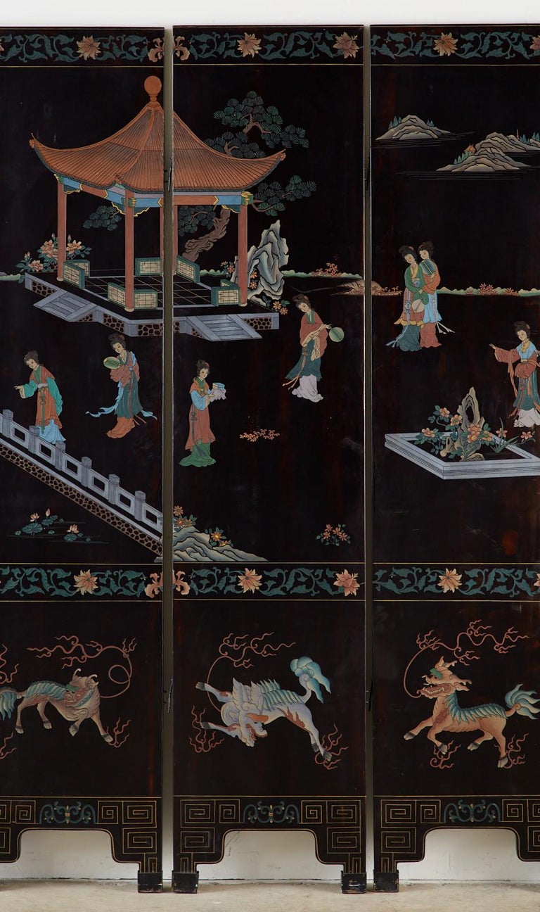Midcentury Chinese Export Six-Panel Lacquered Coromandel Screen For Sale 6