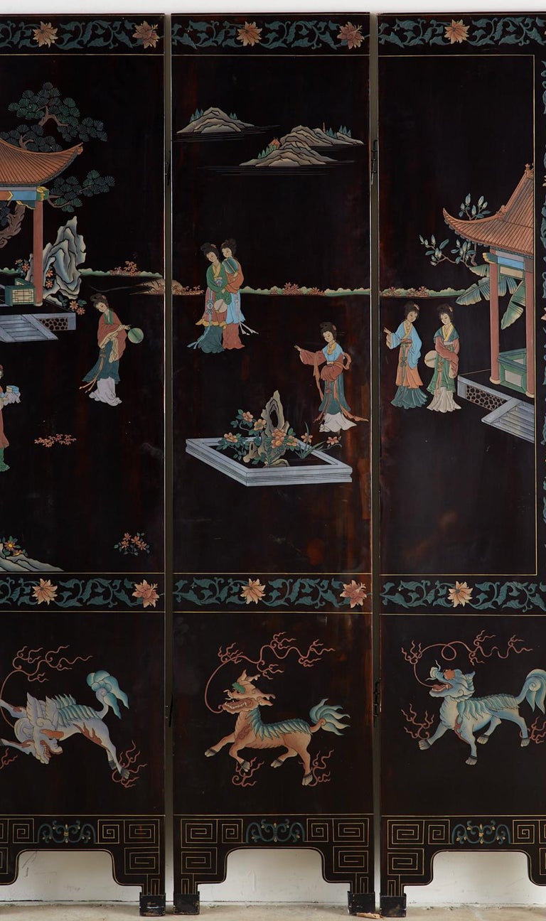 Midcentury Chinese Export Six-Panel Lacquered Coromandel Screen For Sale 7