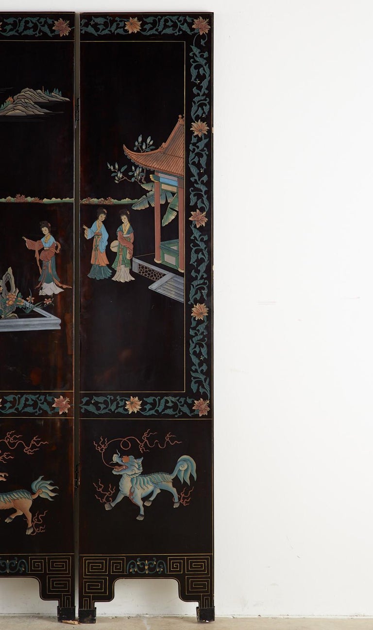Midcentury Chinese Export Six-Panel Lacquered Coromandel Screen For Sale 8