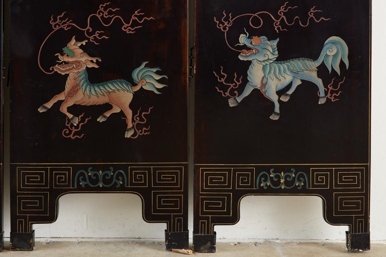 Midcentury Chinese Export Six-Panel Lacquered Coromandel Screen For Sale 12