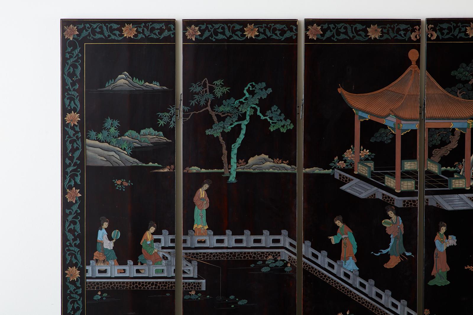 Midcentury Chinese Export Six-Panel Lacquered Coromandel Screen In Good Condition In Rio Vista, CA