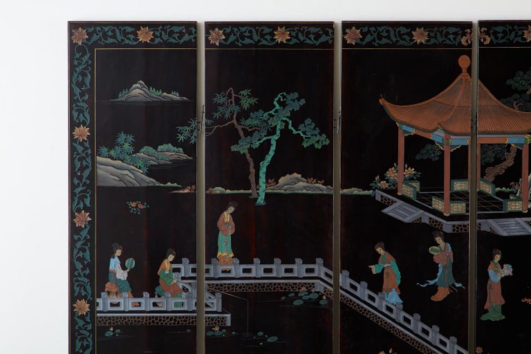 20th Century Midcentury Chinese Export Six-Panel Lacquered Coromandel Screen For Sale