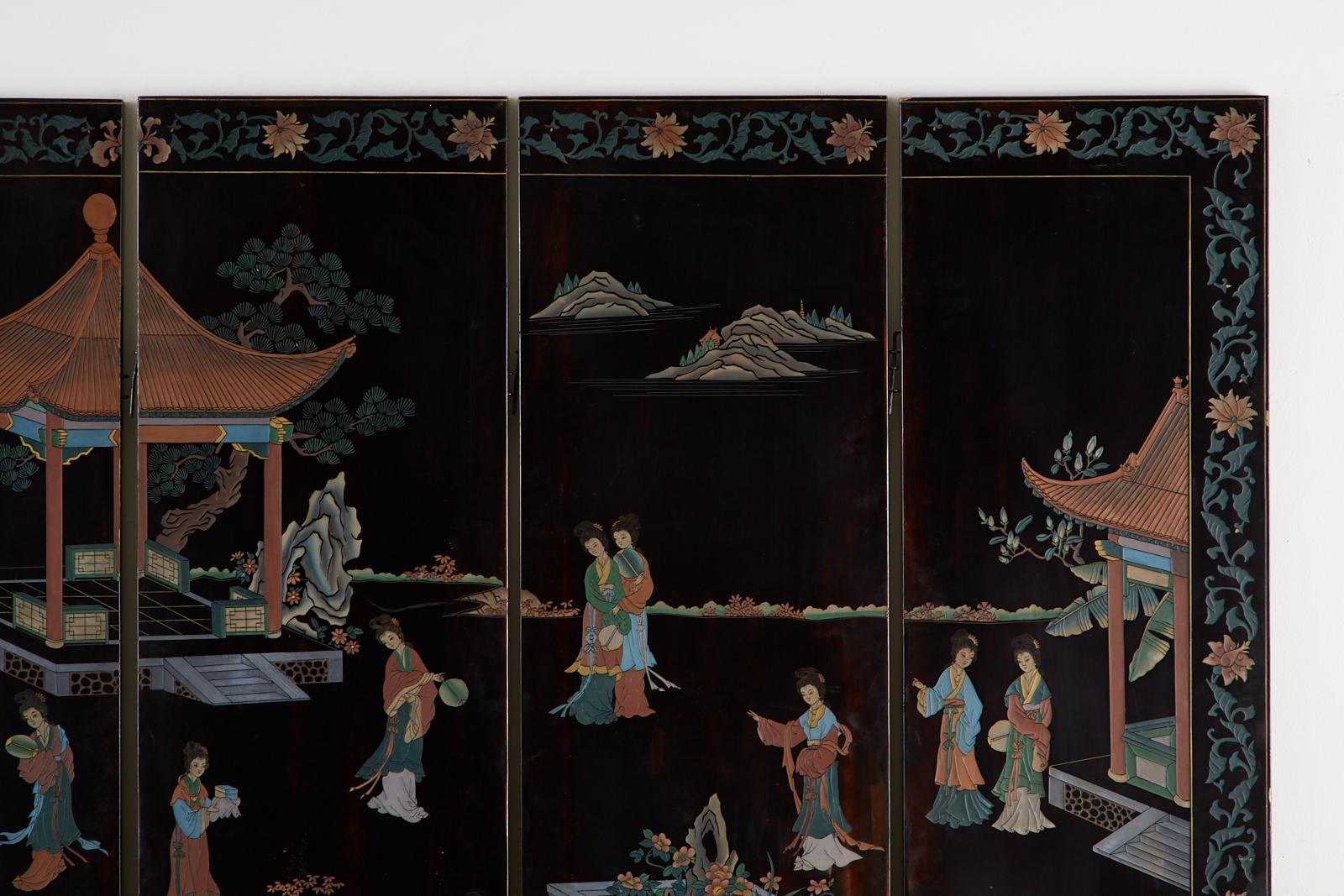 Brass Midcentury Chinese Export Six-Panel Lacquered Coromandel Screen