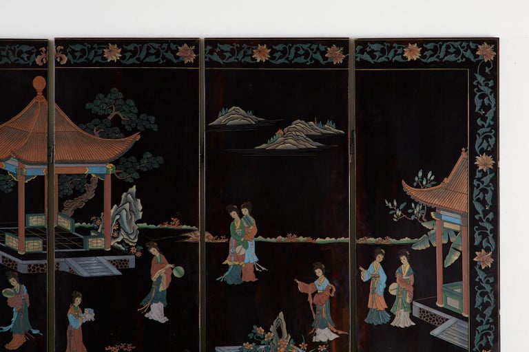 Midcentury Chinese Export Six-Panel Lacquered Coromandel Screen For Sale 1
